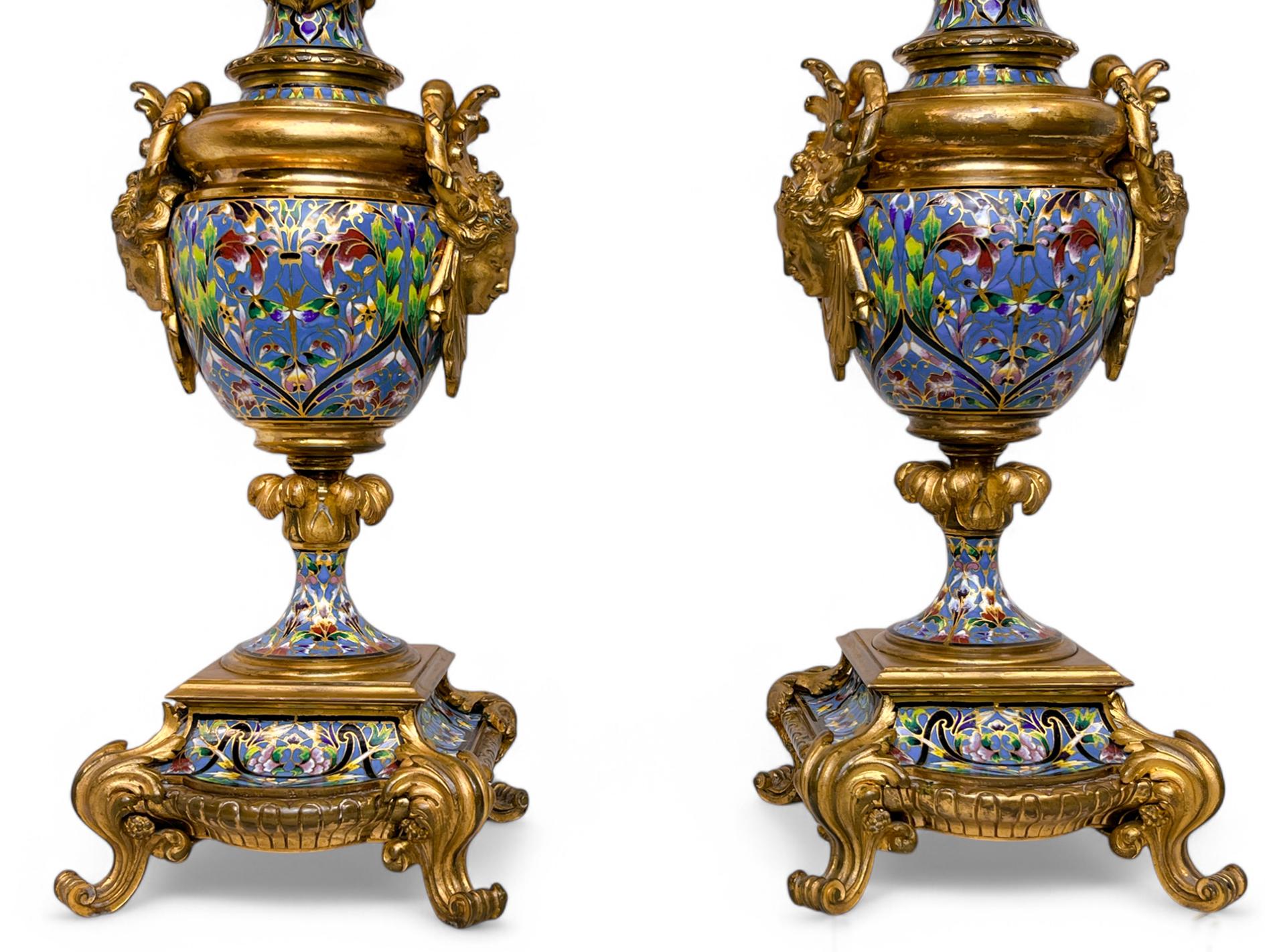 Tiffany & Co Champlevé and Bronze Clock Set with Candelabras For Sale 4
