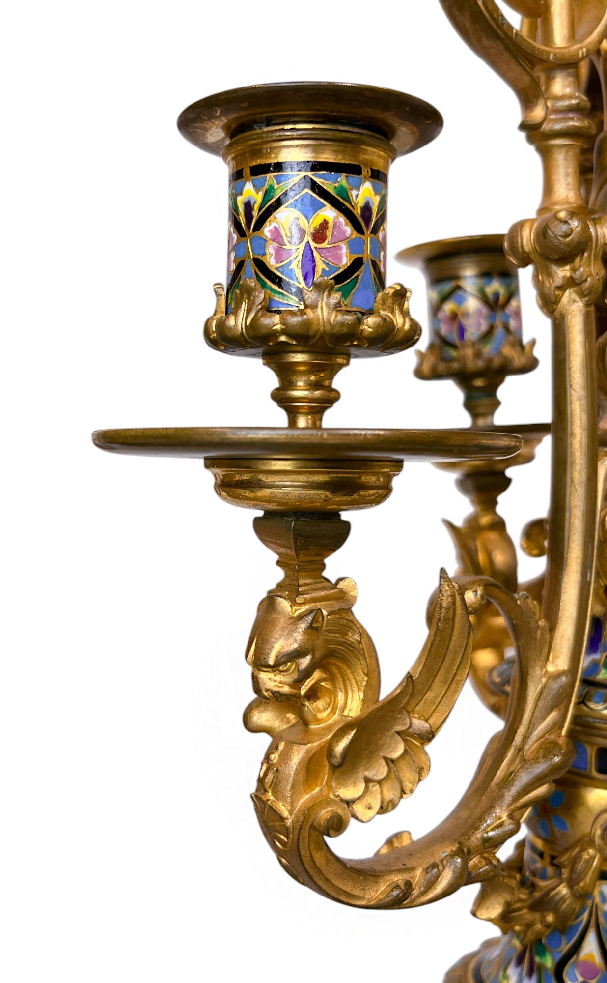 Tiffany & Co Champlevé and Bronze Clock Set with Candelabras For Sale 6