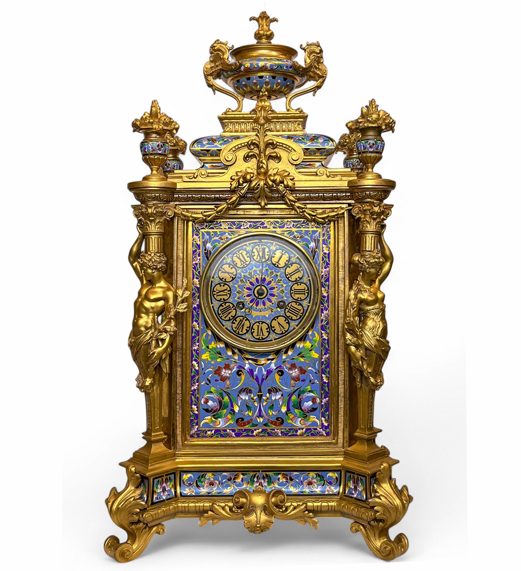 American Tiffany & Co Champlevé and Bronze Clock Set with Candelabras For Sale