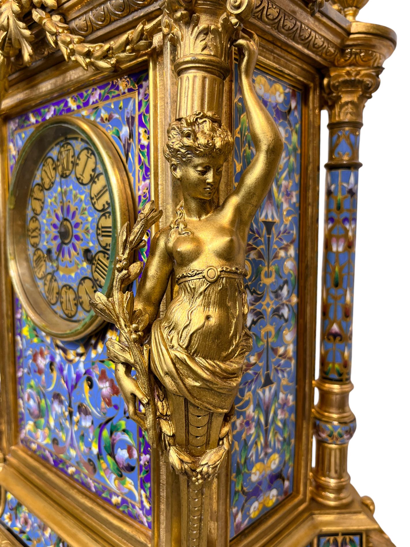 Tiffany & Co Champlevé and Bronze Clock Set with Candelabras In Good Condition For Sale In New York, NY
