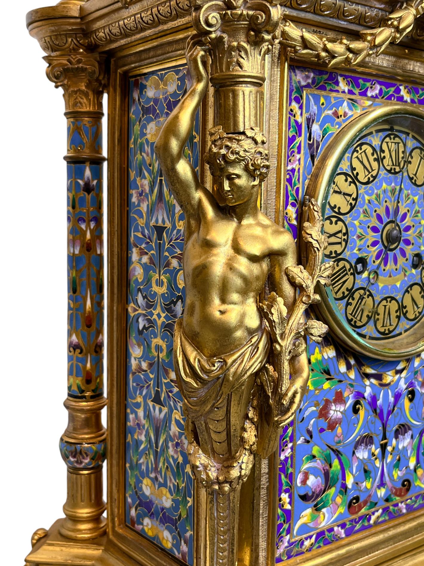 19th Century Tiffany & Co Champlevé and Bronze Clock Set with Candelabras For Sale