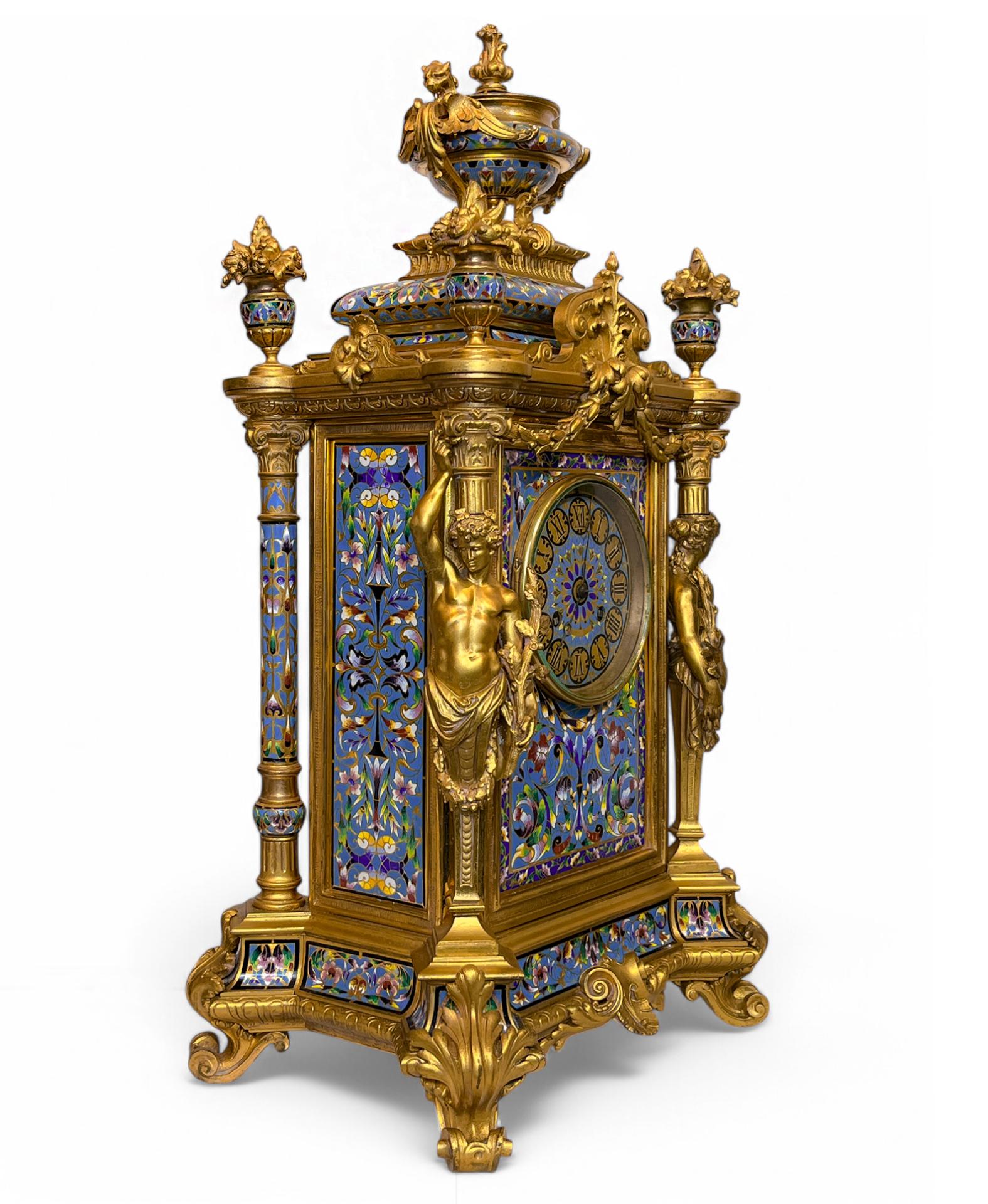 Enamel Tiffany & Co Champlevé and Bronze Clock Set with Candelabras For Sale