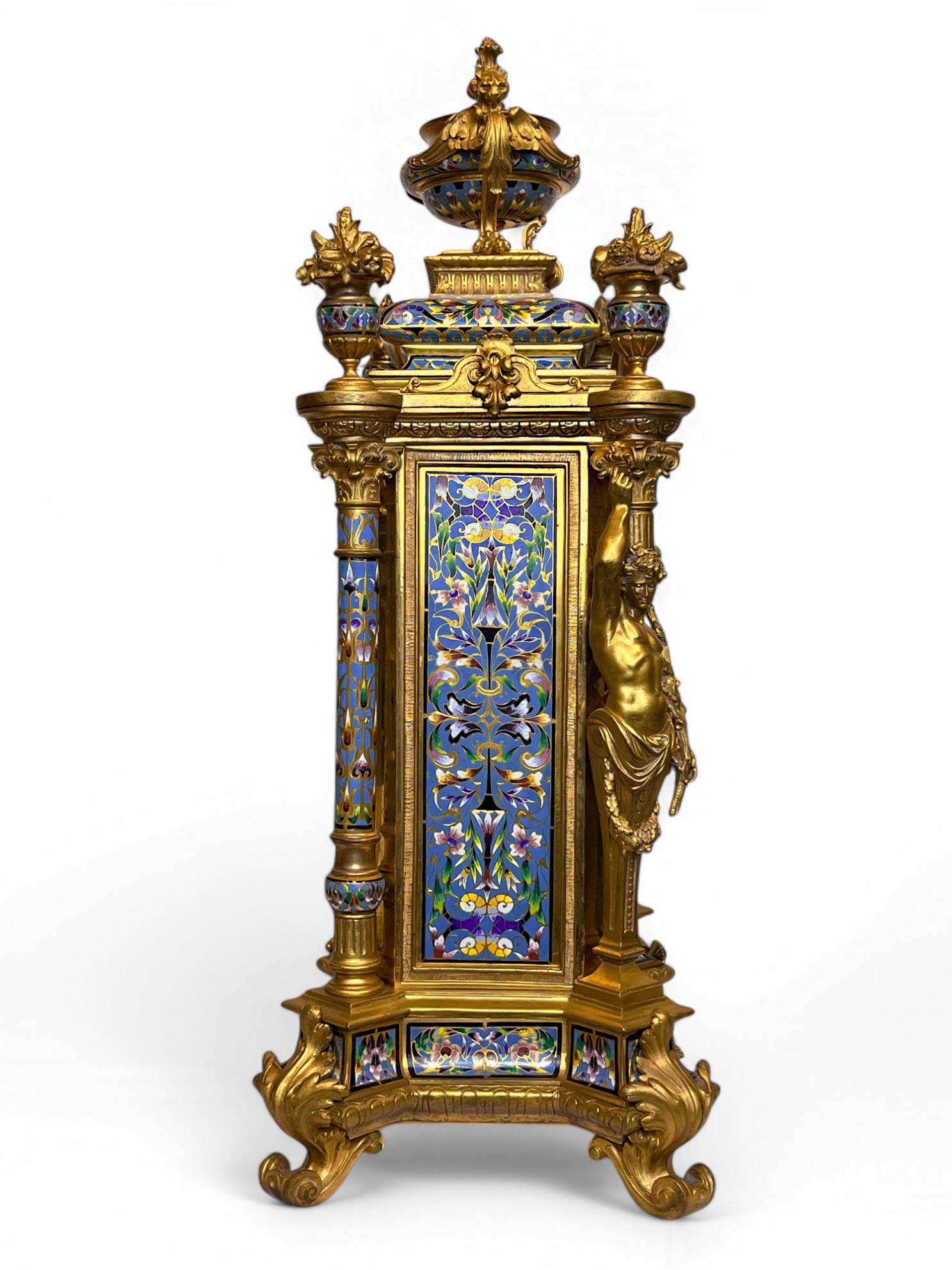 Tiffany & Co Champlevé and Bronze Clock Set with Candelabras For Sale 1