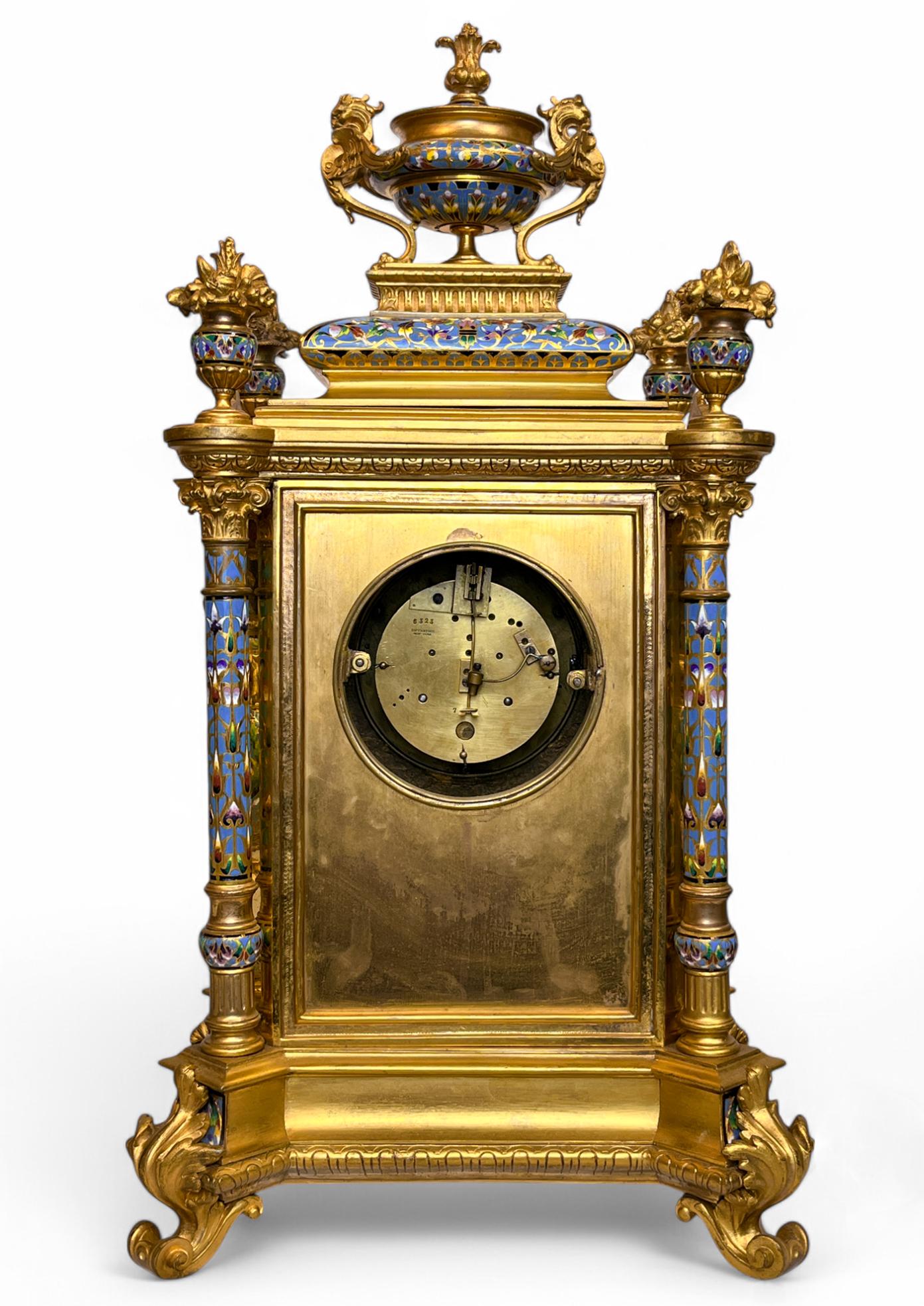 Tiffany & Co Champlevé and Bronze Clock Set with Candelabras For Sale 2