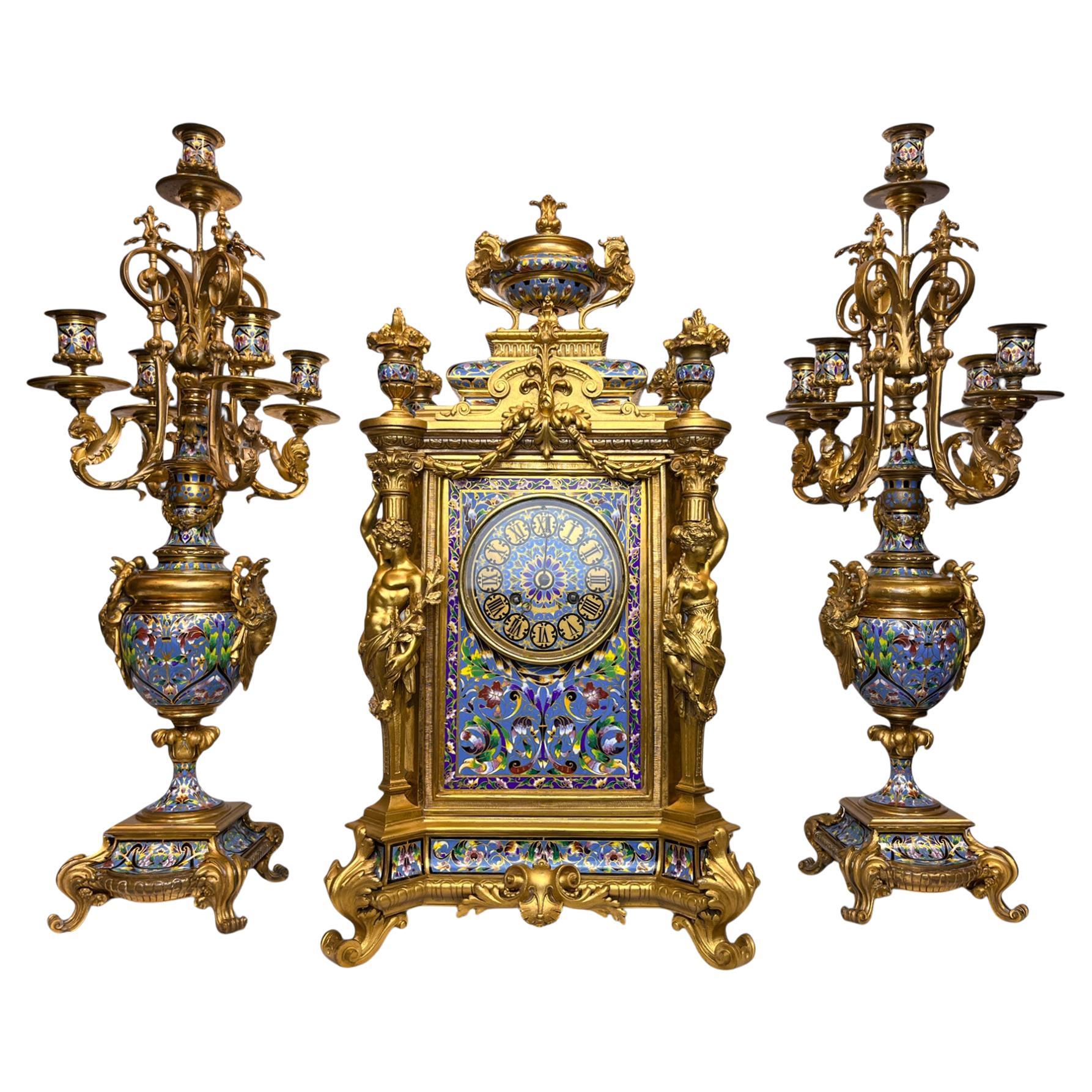Tiffany & Co Champlevé and Bronze Clock Set with Candelabras