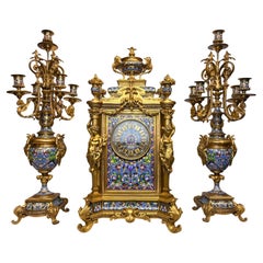 Tiffany & Co Champlevé and Bronze Clock Set with Candelabras