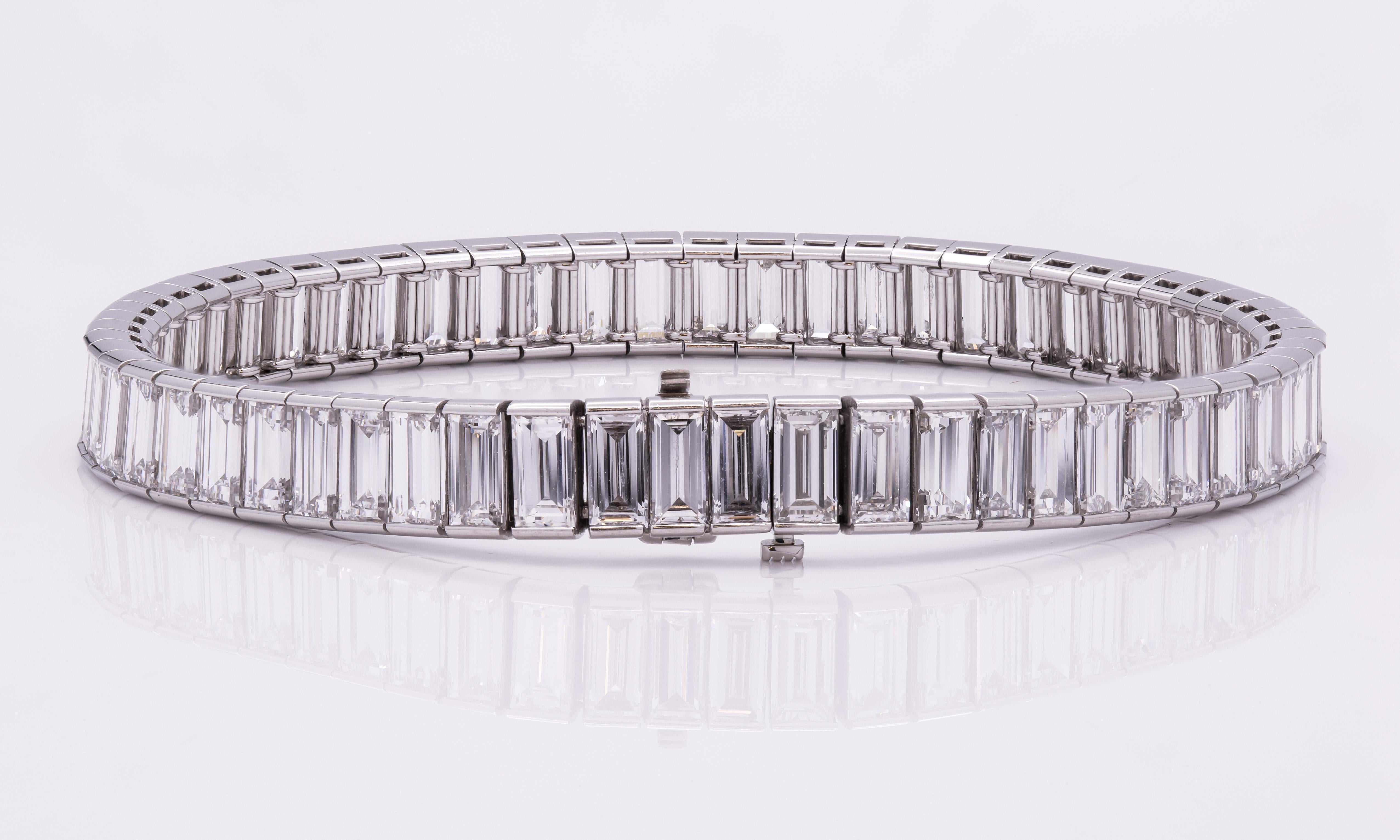 Tiffany & Co. Kanalisiertes Tennisarmband mit Baguettesteinen
In Platin 950
besetzt mit Baguette-Diamanten der Farbe D/E/F und Reinheit VVS 
Außergewöhnliches Schmuckstück, sehr seltenes Tiffany-Stück
Gesamtkaratgewicht: 19,52ct
Länge 7''
Kommt in