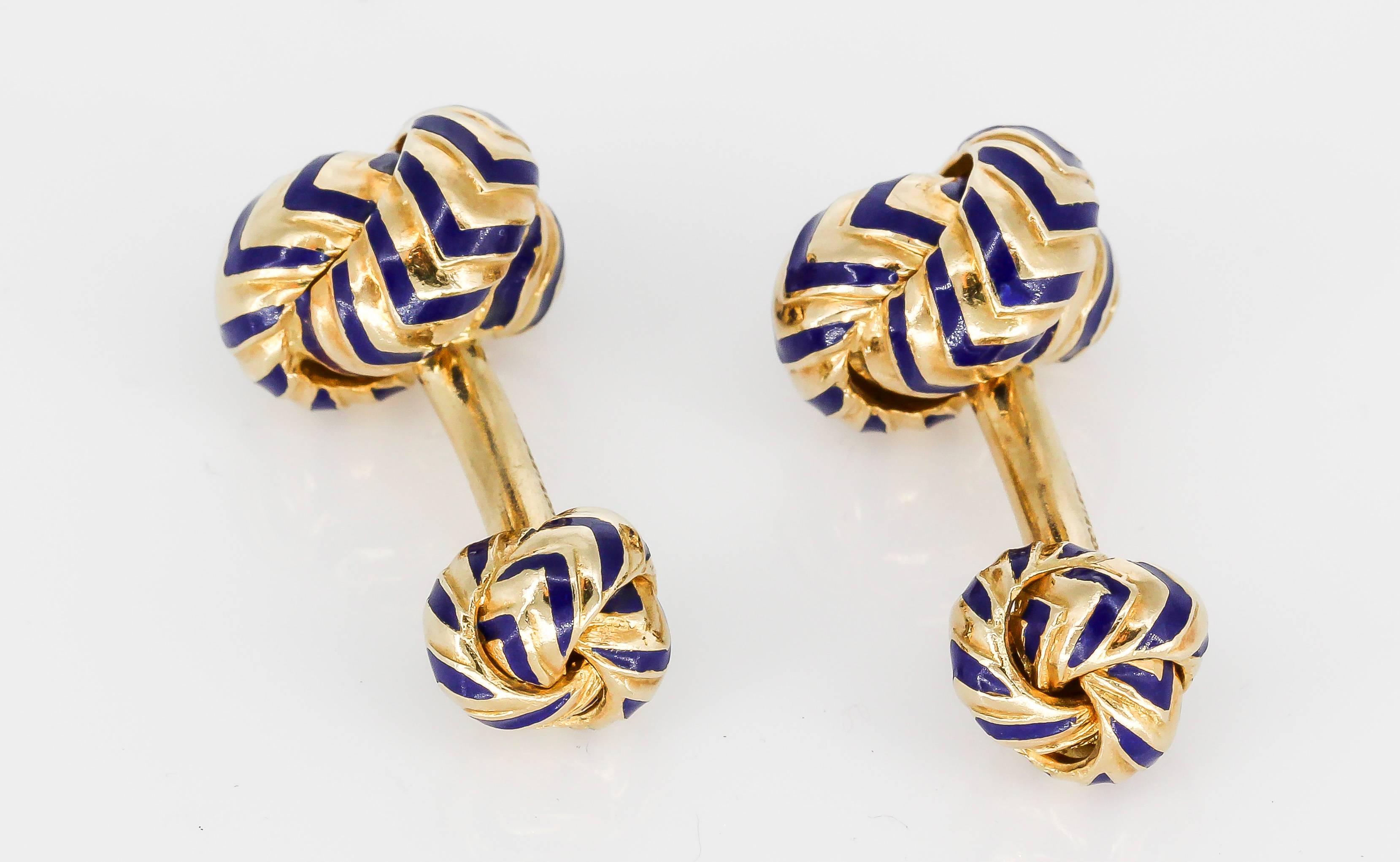 Tiffany & Co. Chevron Blue Enamel Gold Knot Cufflinks In Good Condition In New York, NY