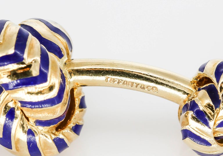 Men's Tiffany & Co. Chevron Blue Enamel Gold Knot Cufflinks For Sale