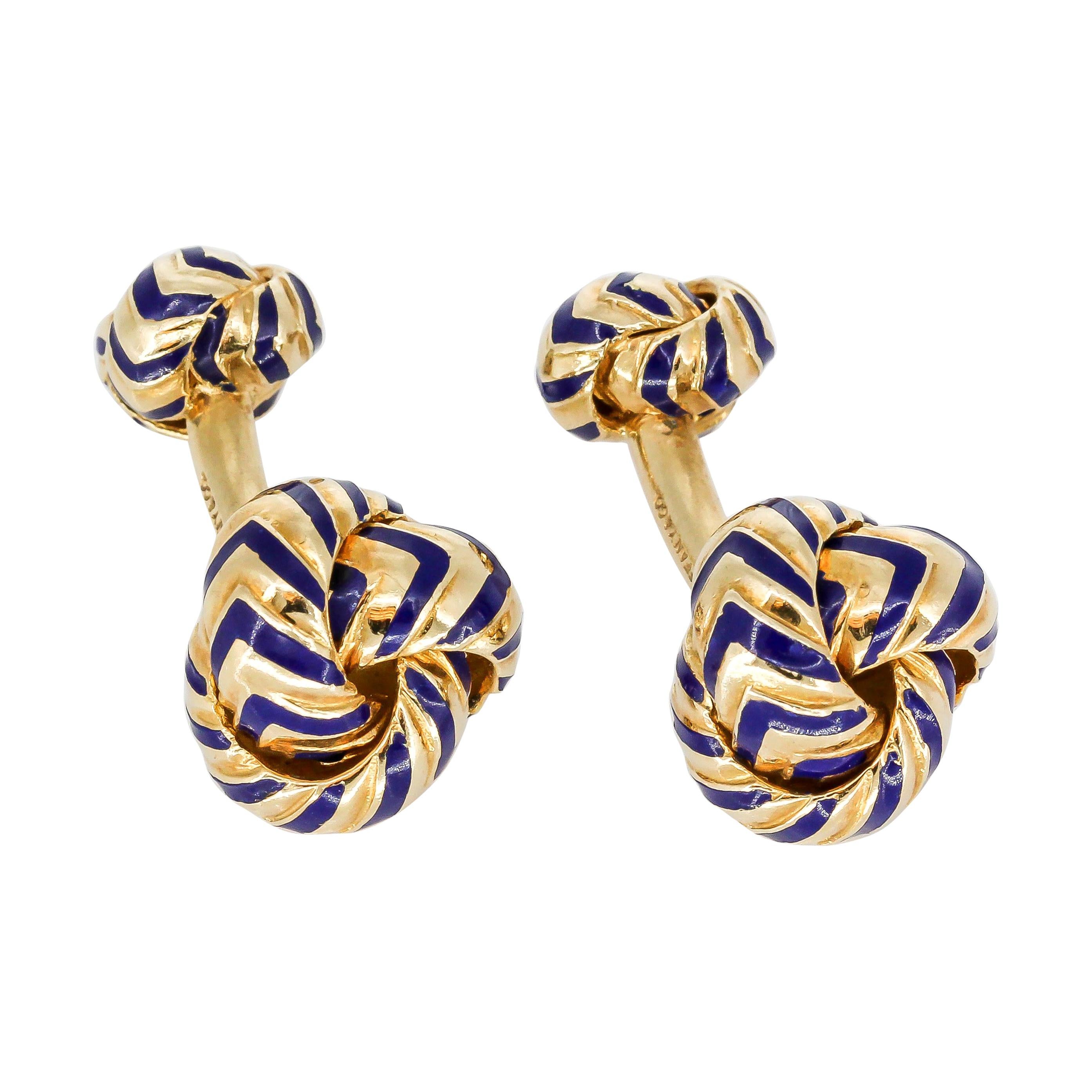Tiffany and Co. Chevron Blue Enamel Gold Knot Cufflinks For Sale at 1stDibs