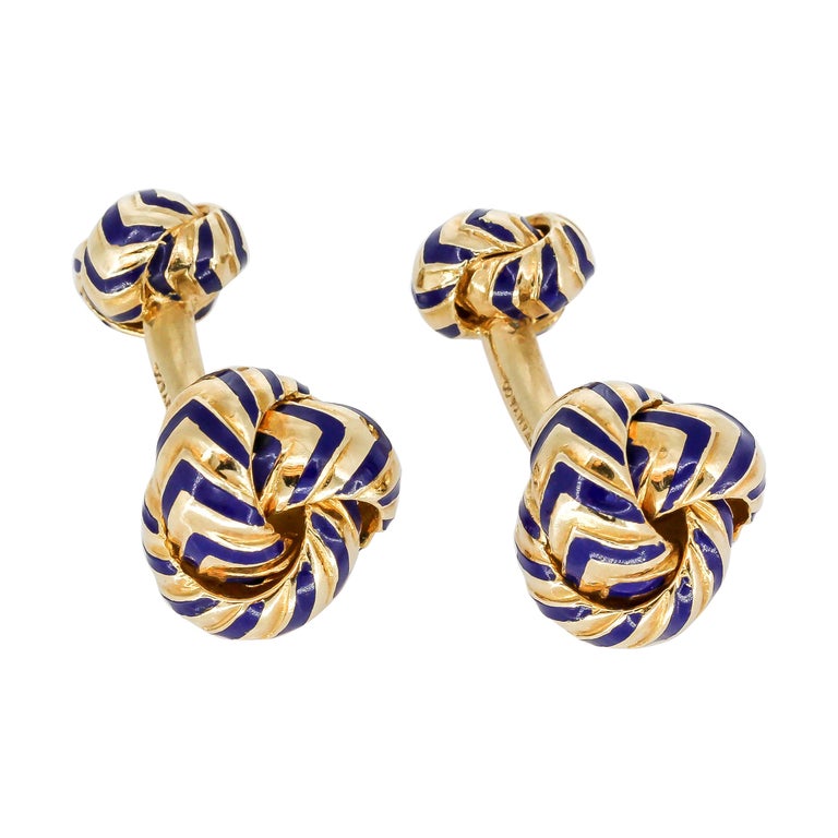 Tiffany & Co. Chevron Blue Enamel Gold Knot Cufflinks For Sale