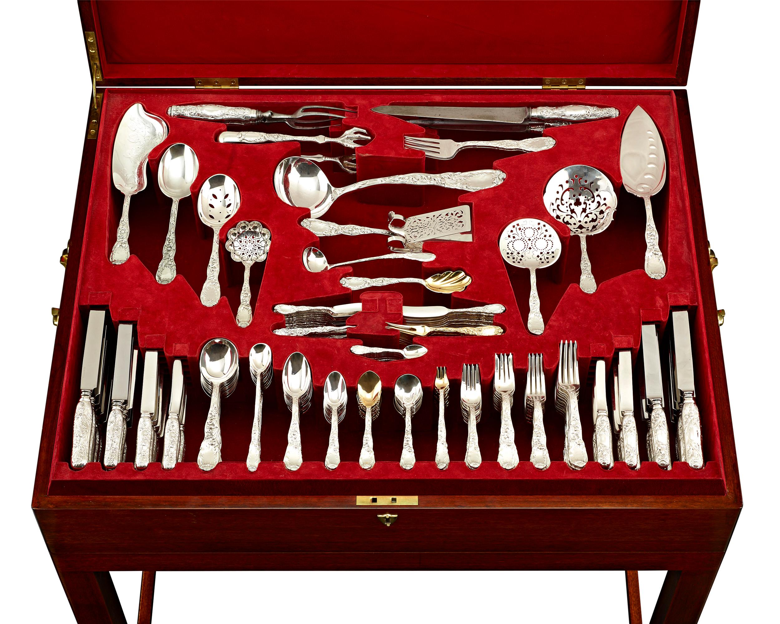 This exceptional 247-piece Tiffany & Co. sterling silver flatware service for 12 is crafted in the highly desirable Chrysanthemum pattern. Introduced in 1878, the Chrysanthemum pattern is considered among Tiffany's most luxurious designs,