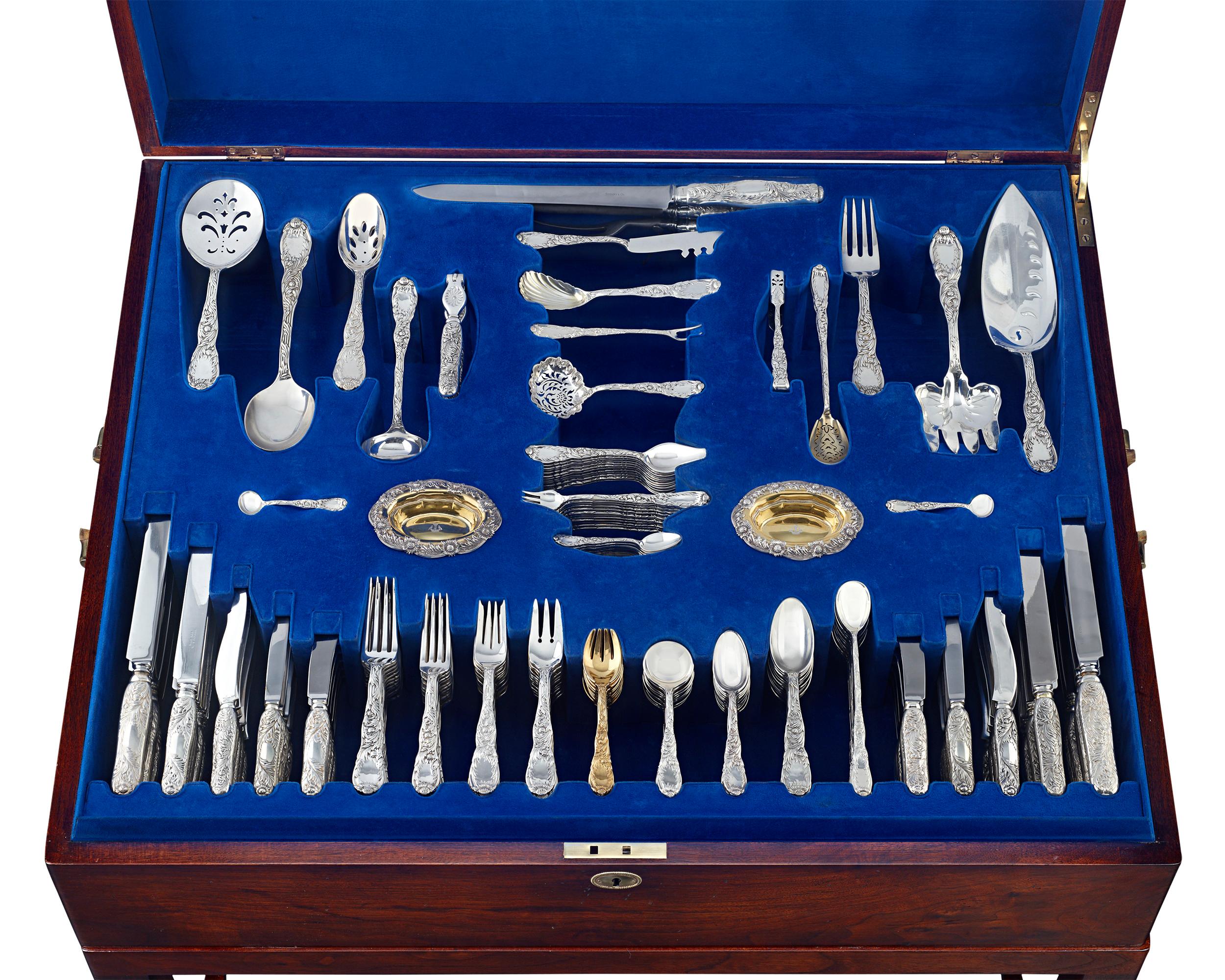 This exceptional 226-piece antique Tiffany & Co. sterling flatware service for 12 features the highly desirable Chrysanthemum pattern. Introduced in 1878 and patented in 1880, the Chrysanthemum pattern is considered among Tiffany's most beautiful