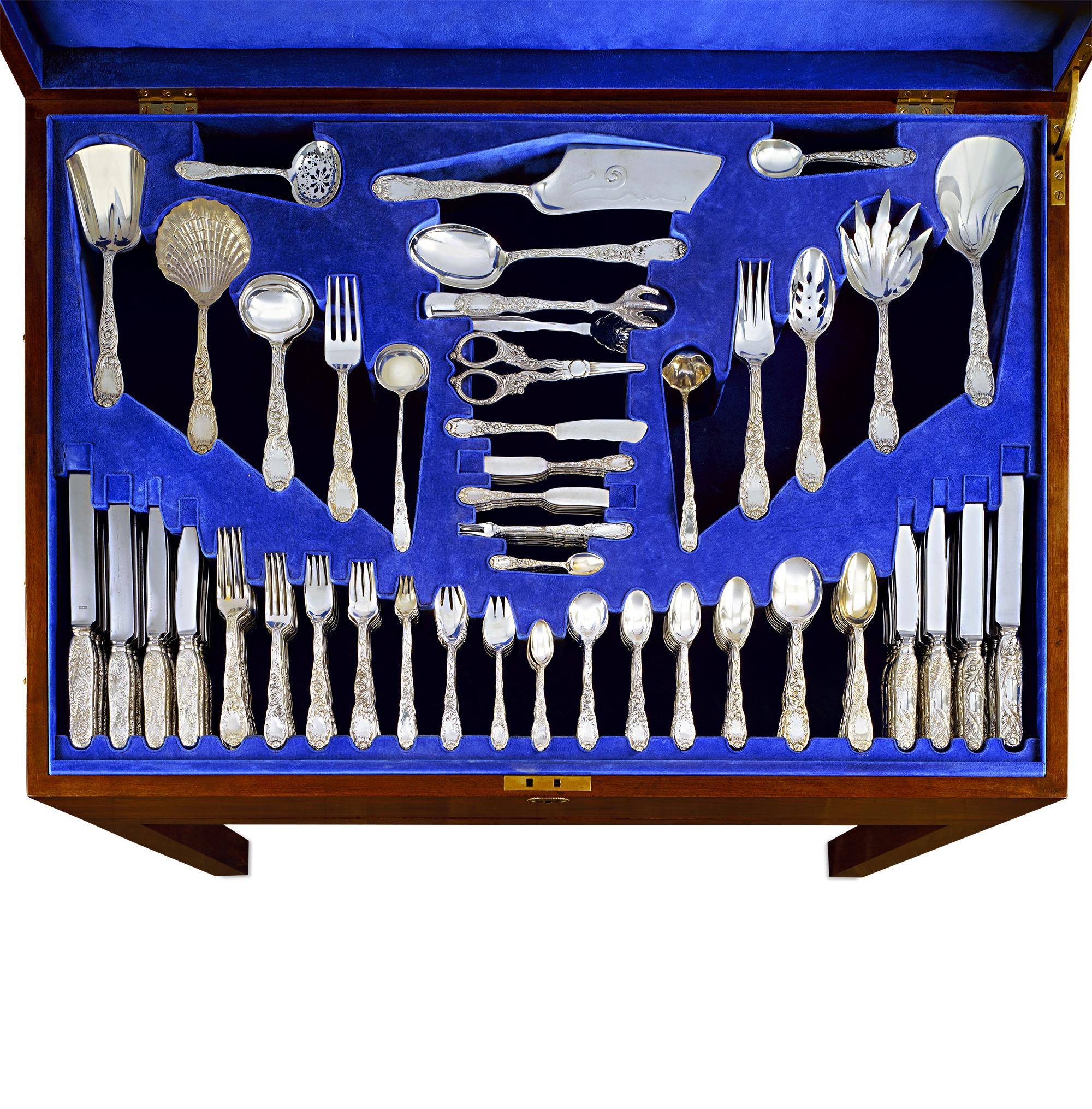 This exceptional 272-piece antique Tiffany & Co. sterling flatware service for 12 features the highly desirable Chrysanthemum pattern. Introduced in 1878 and patented in 1880, the Chrysanthemum pattern is considered among Tiffany's most beautiful