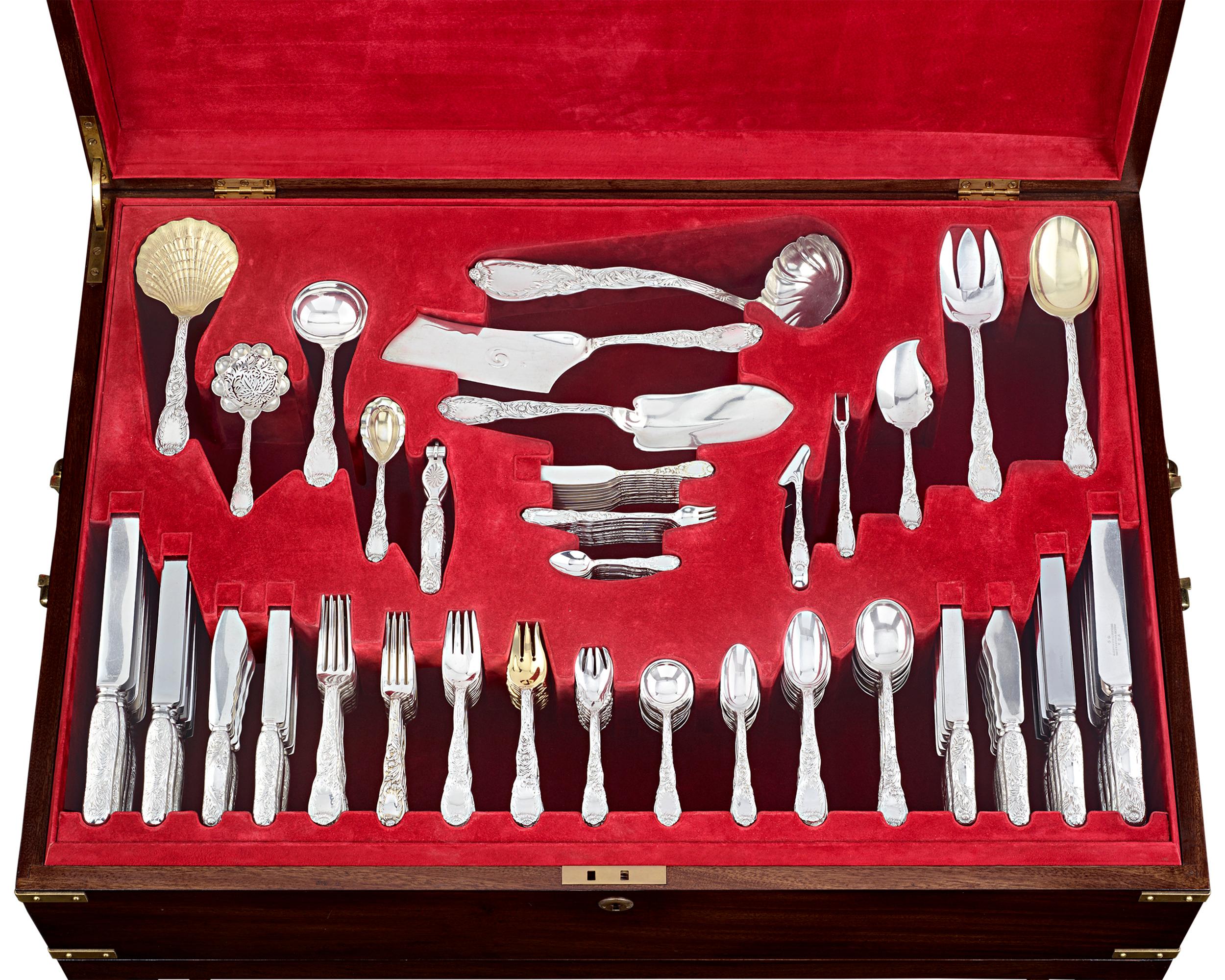 214-Piece Flatware Service
Tiffany & Co.
Circa 1910

This exceptional 214-piece Tiffany & Co. sterling flatware service for 12 features the highly desirable Chrysanthemum pattern. Introduced in 1878 and patented in 1880, the Chrysanthemum pattern is