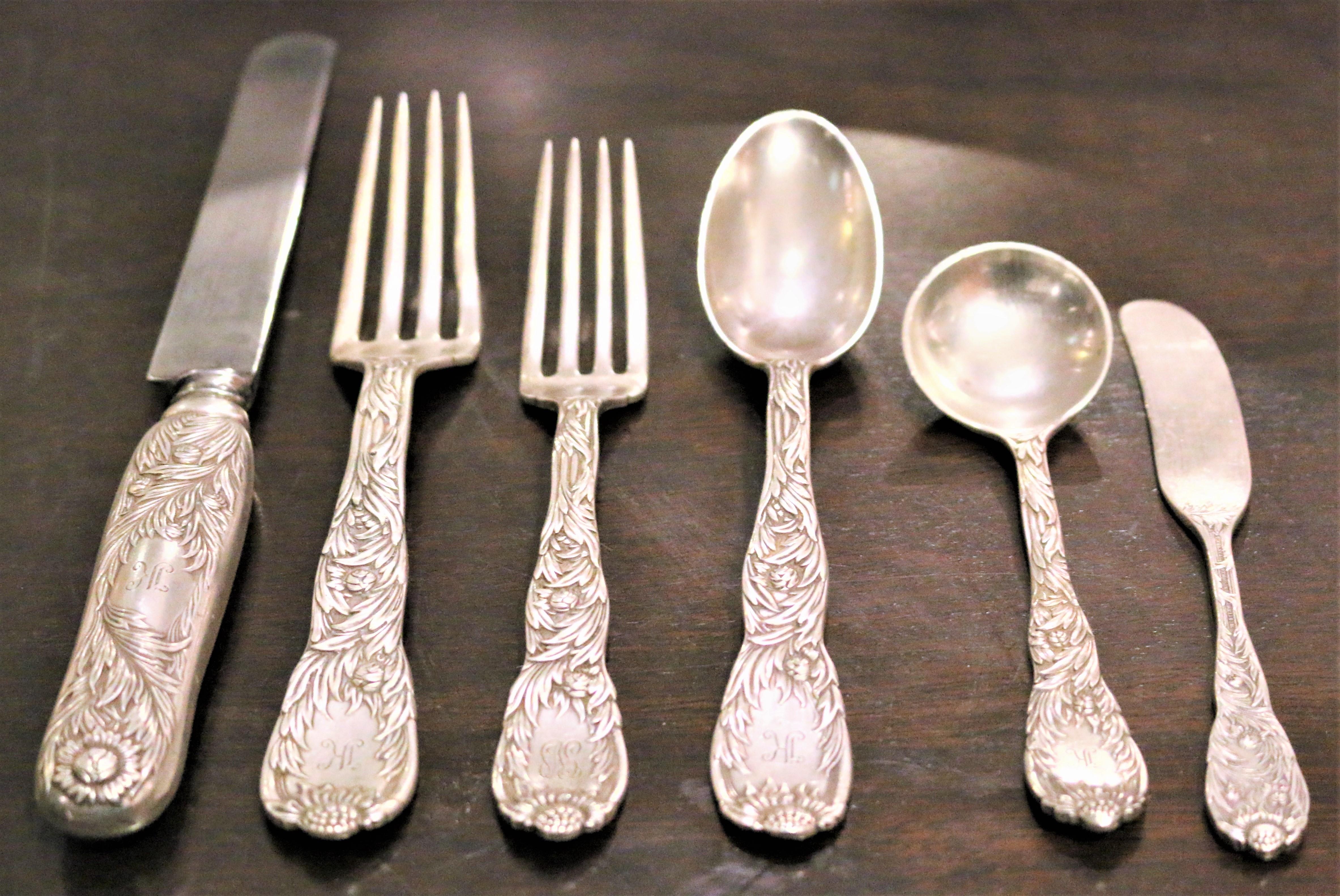 Tiffany & Co. Chrysanthemum Pat 1880 Set of 48 Silver Ware In Excellent Condition In Pasadena, CA
