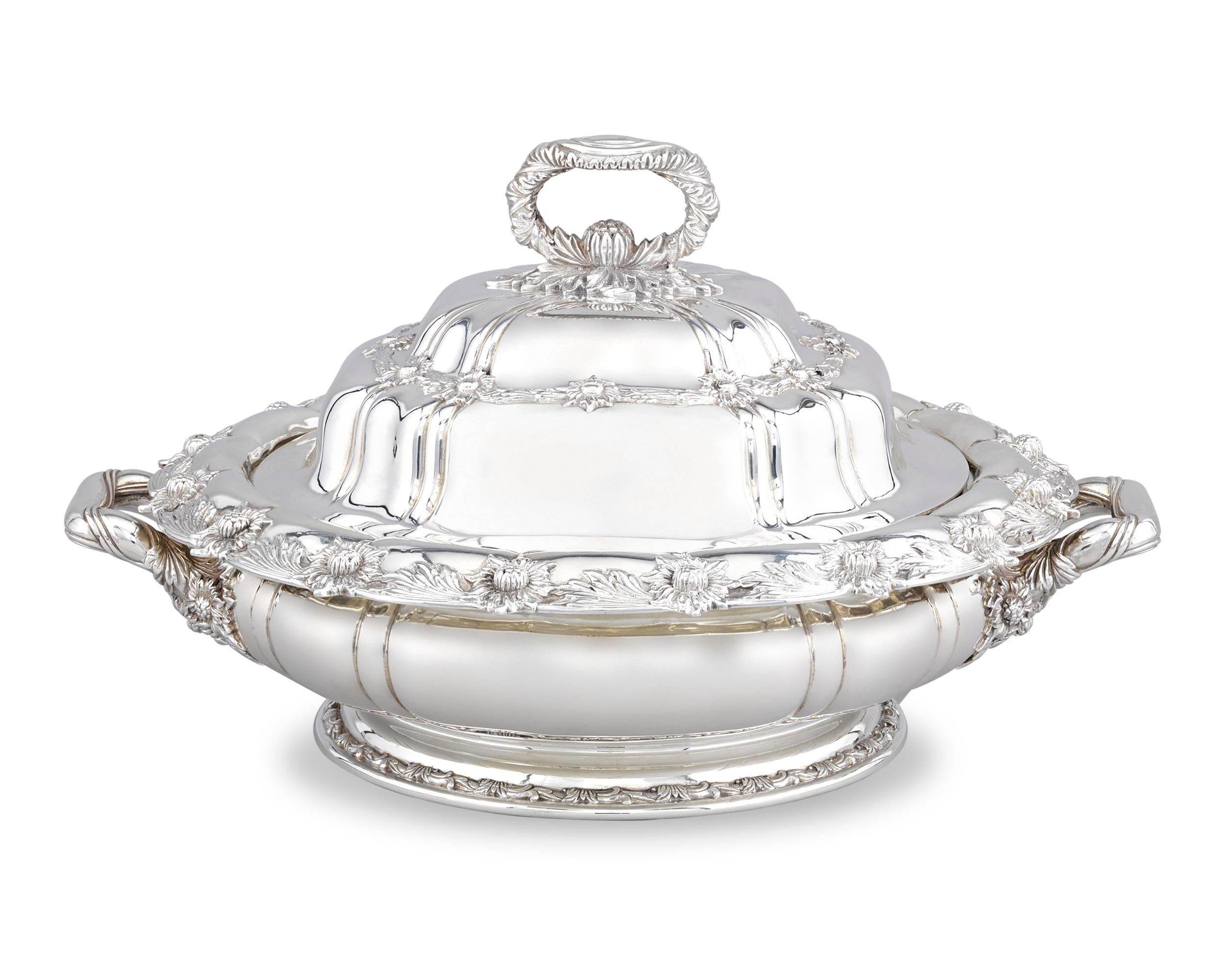 This magnificent covered sterling silver entrée dish by Tiffany & Co. is crafted in the iconic Chrysanthemum pattern, one of the best-loved and most desirable ever created by this renowned firm. Gloriously chased with intricately worked namesake