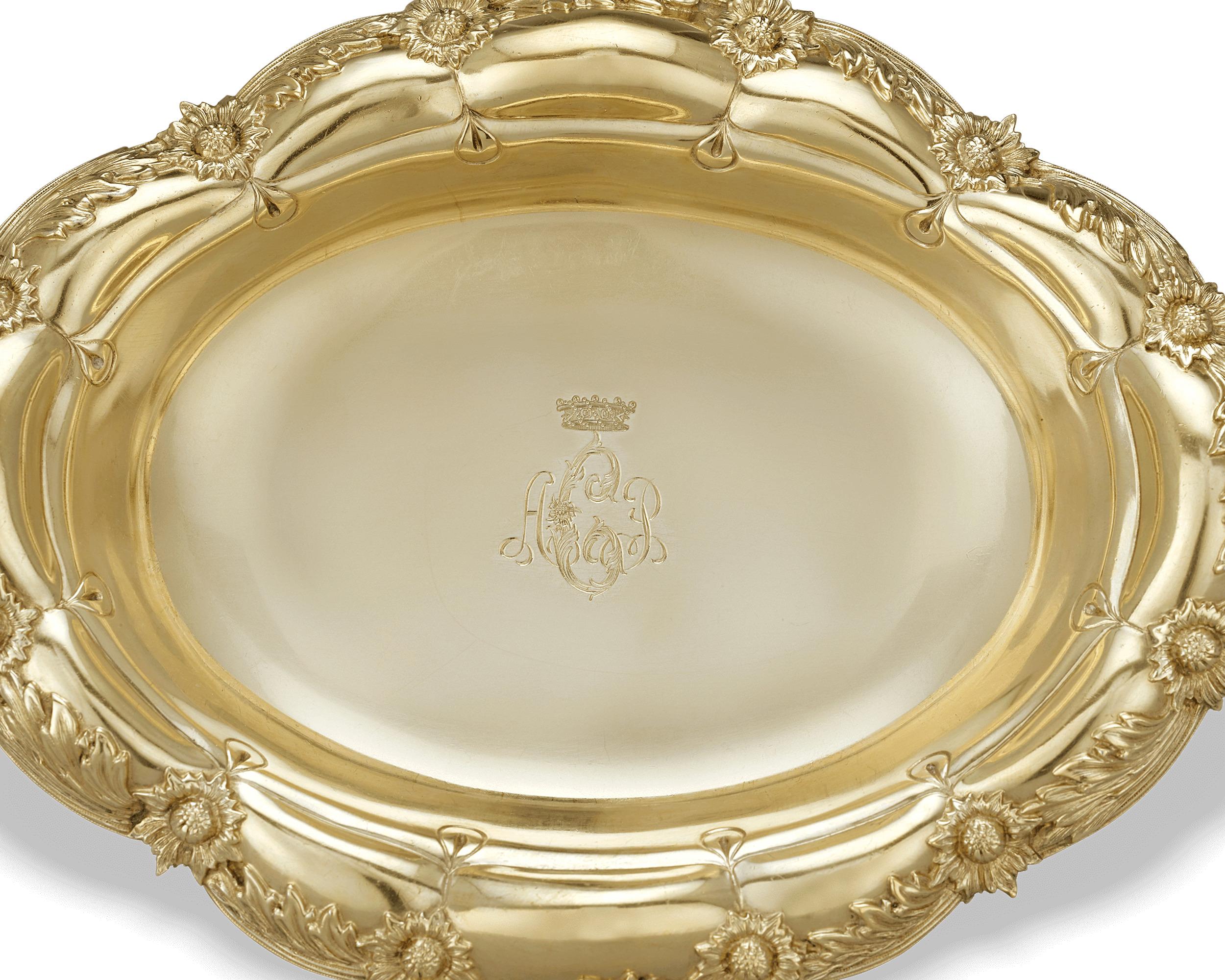 This set of silver-gilt Chrysanthemum oval bowls by Tiffany & Co. would be a grand addition to any fine dining affair. The gilding is quite fitting for this exquisite pattern since the word 