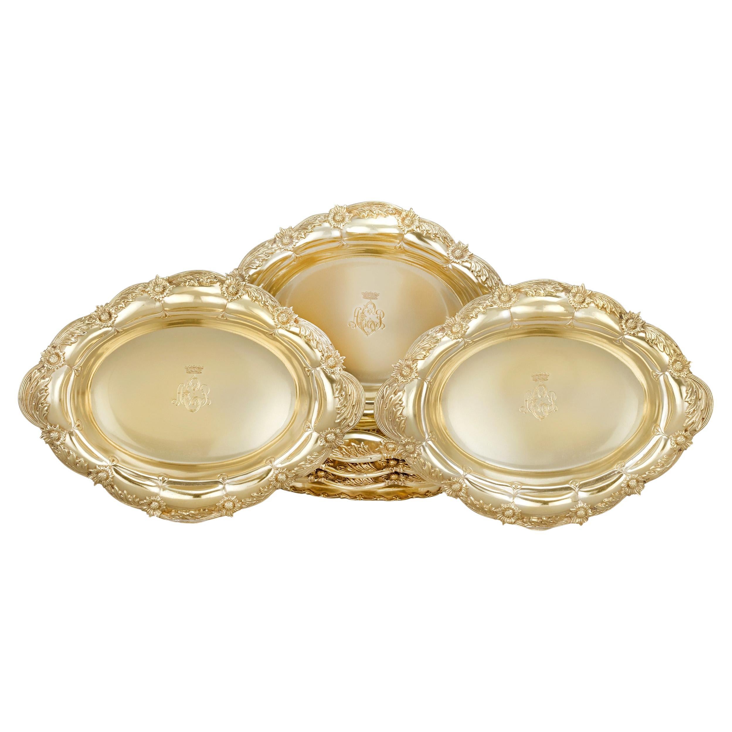Tiffany & Co. Ovale Schalen aus Chrysantheme und vergoldetem Silber, 6er-Set