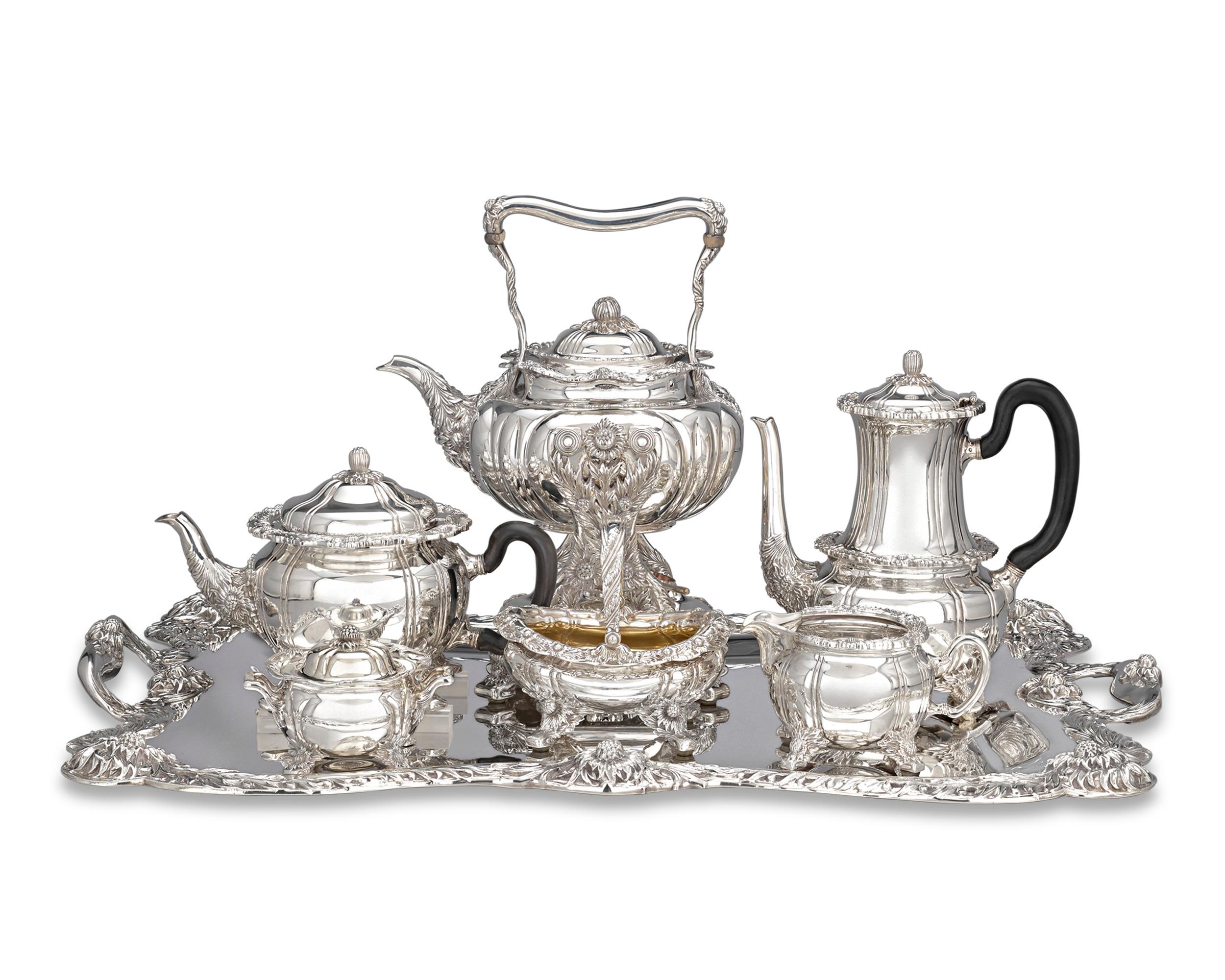 A breathtaking specimen of American silver, this magnificent seven-piece silver tea and coffee service was created by the famed Tiffany & Co. in the timeless Chysanthemum pattern. Introduced in 1880, Chrysanthemum is considered among Tiffany's most