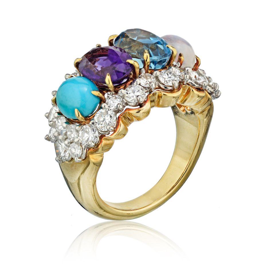 Tiffany Circa 1950 Four Stone Gemstone Diamond Ring Yellow Gold 3.00 cttw 

Gemstones that meet Tiffany's standards for clarity and color saturation rarely surface. When they do, their astonishing beauty defies description. Tiffany frames each stone