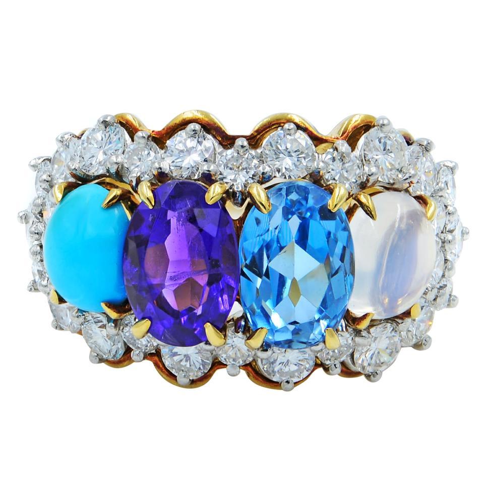 Tiffany & Co. circa 1950 Four Stone Gemstone Diamond Ring Yellow Gold 3.00 Carat