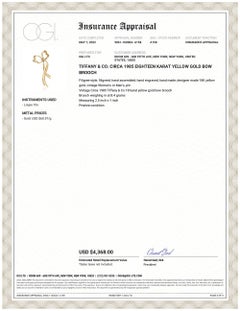 Tiffany Co Vintage Circa 1985 Bow Brooch 2.5 Inch Eighteen Karat Yellow Gold