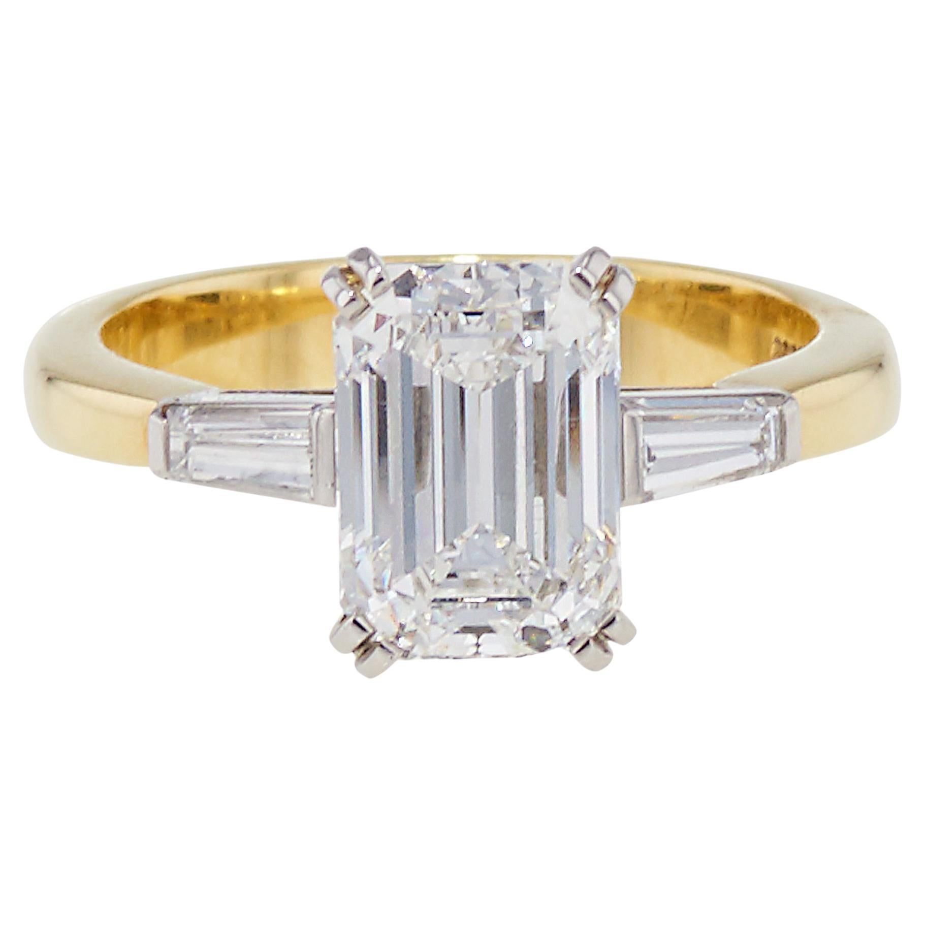 Tiffany & Co. circa 1990 Yellow Gold and Platinum Emerald Cut Diamond Ring For Sale