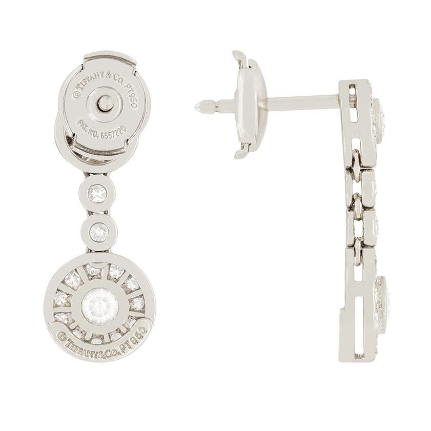 A sparkling pair of drop earrings from Tiffany & Co's Circlet collection which is now discontinued. Both earrings have a combined diamond weight of 1.18 carat. The round brilliant cut diamonds are of top quality, being F in colour and VVS in