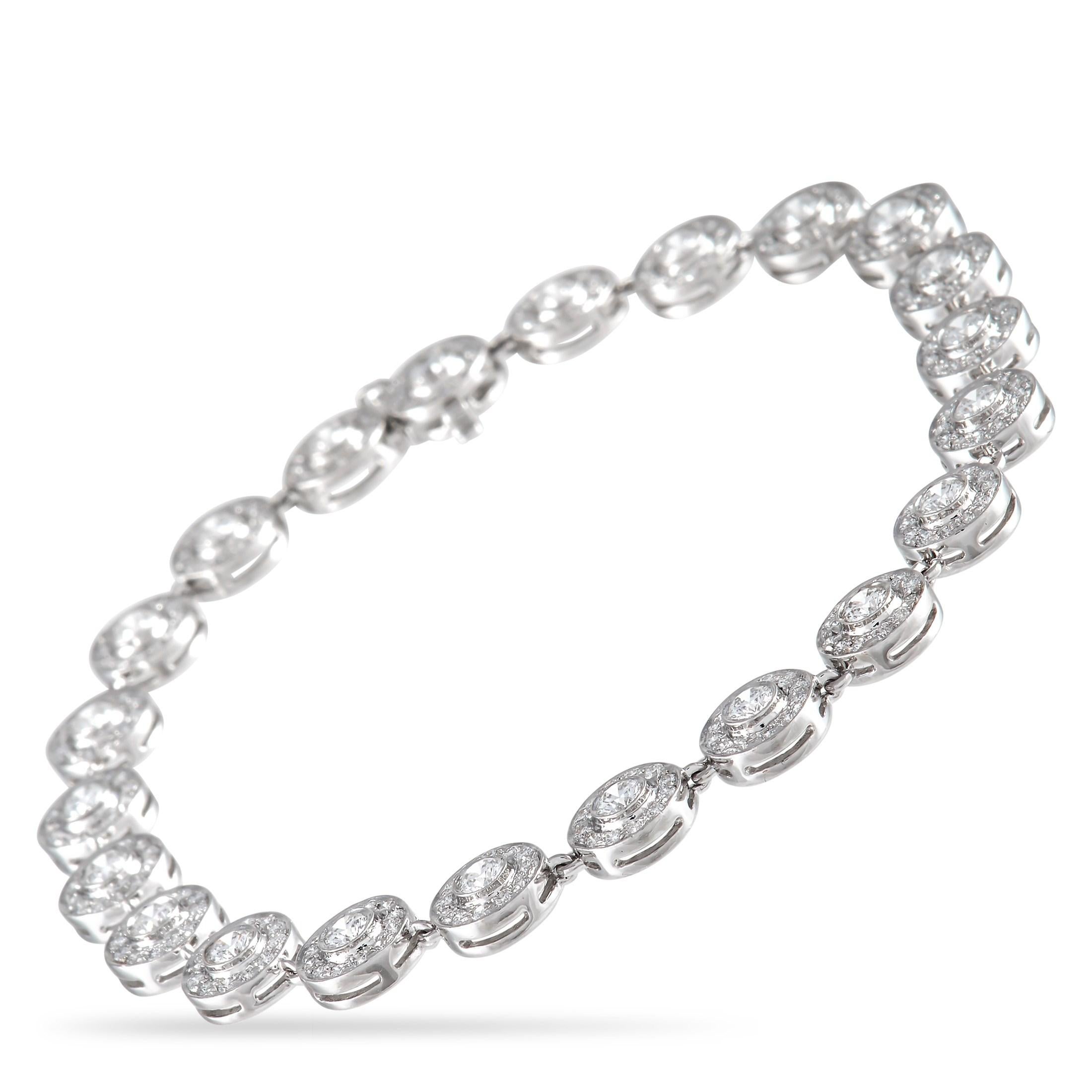 Add a touch of classic romance to your looks with this Tiffany & Co. Platinum 2.57 ct Diamond Circlet Bracelet. The 7-inch bracelet features a line of 22 platinum circles, each set with a single brilliant-cut diamond in the center and haloed by