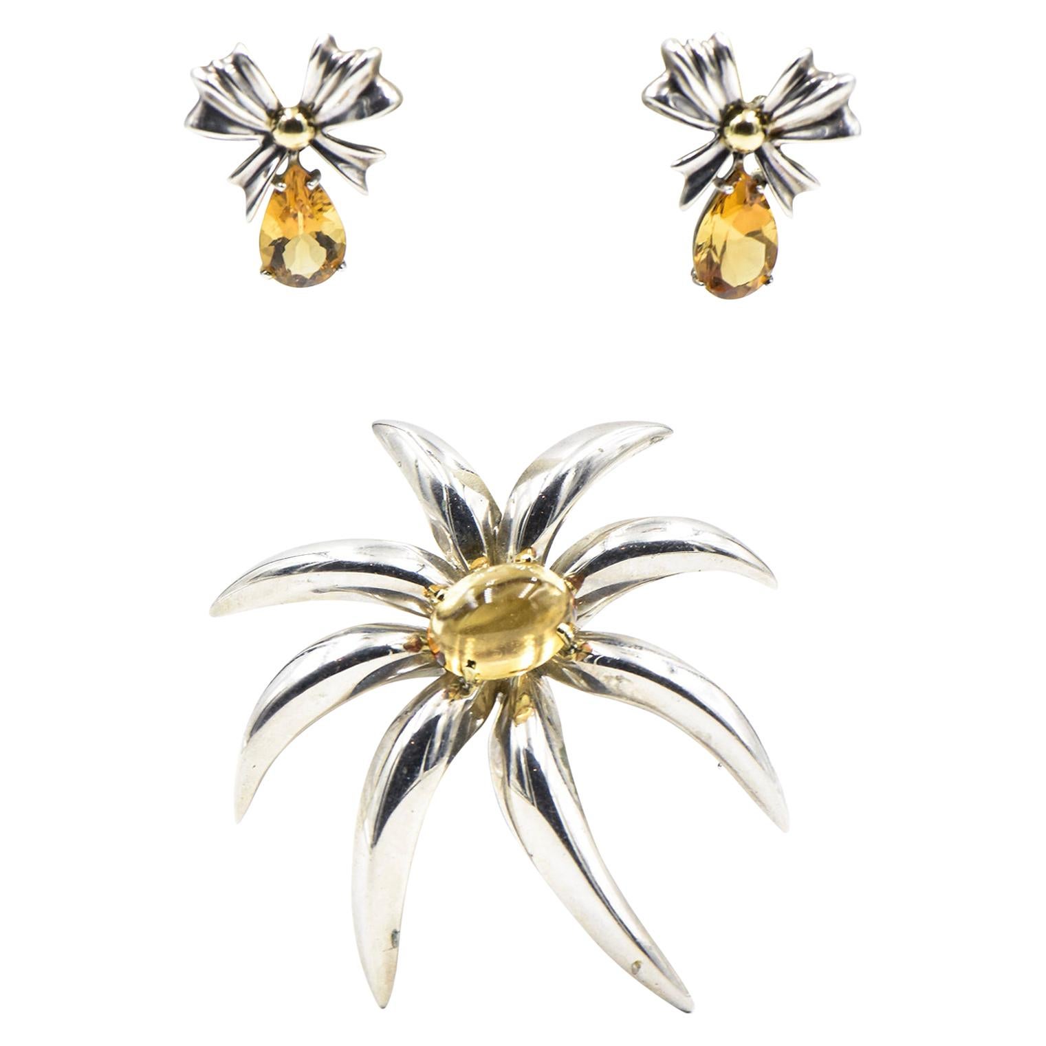Tiffany & Co. Citrine Sterling Silver Gold Fireworks Brooch and Bow Earrings