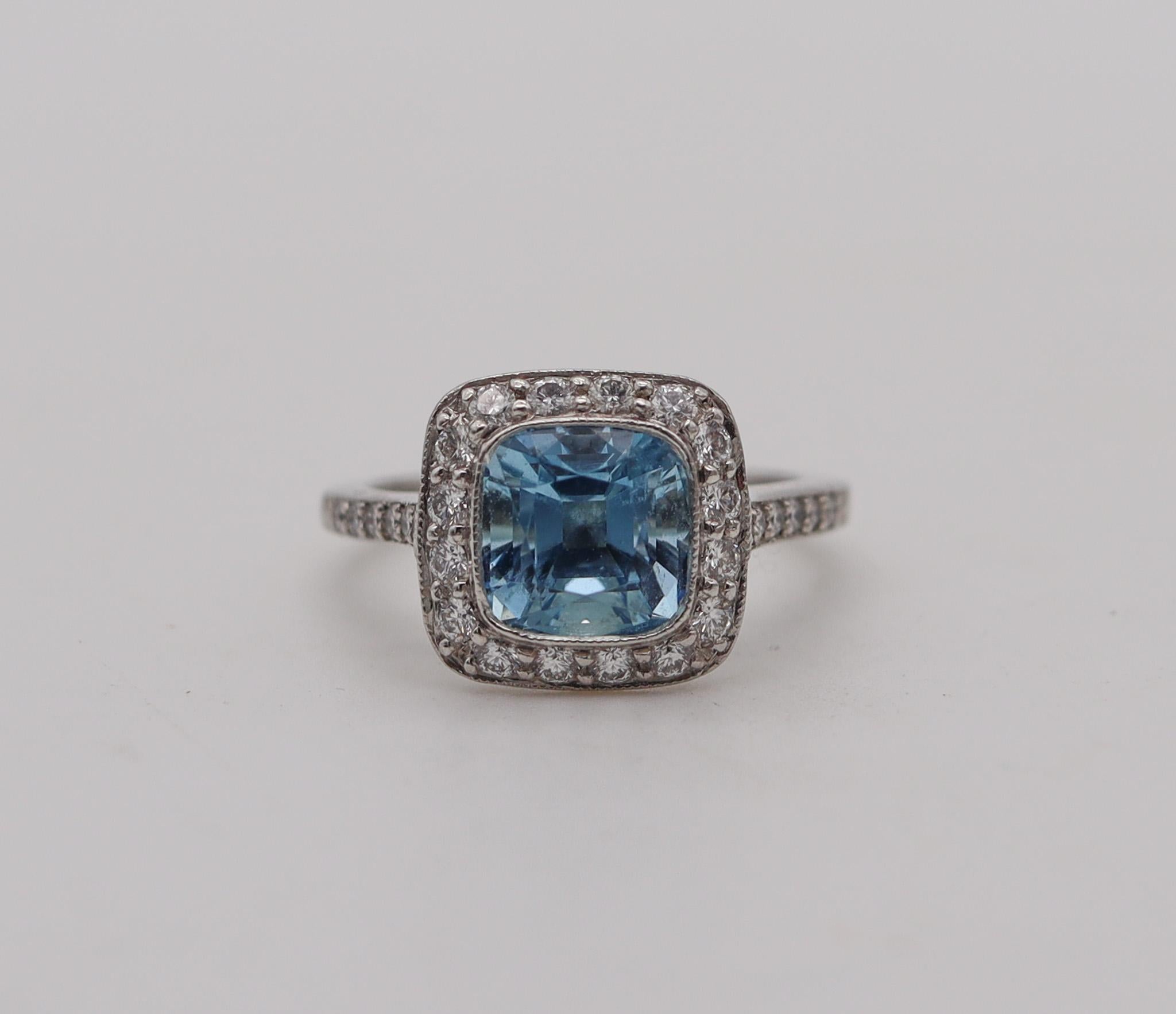 Cushion Cut Tiffany & Co. Classic Cocktail Ring in Platinum 2.70 Ctw Aquamarine and Diamonds For Sale