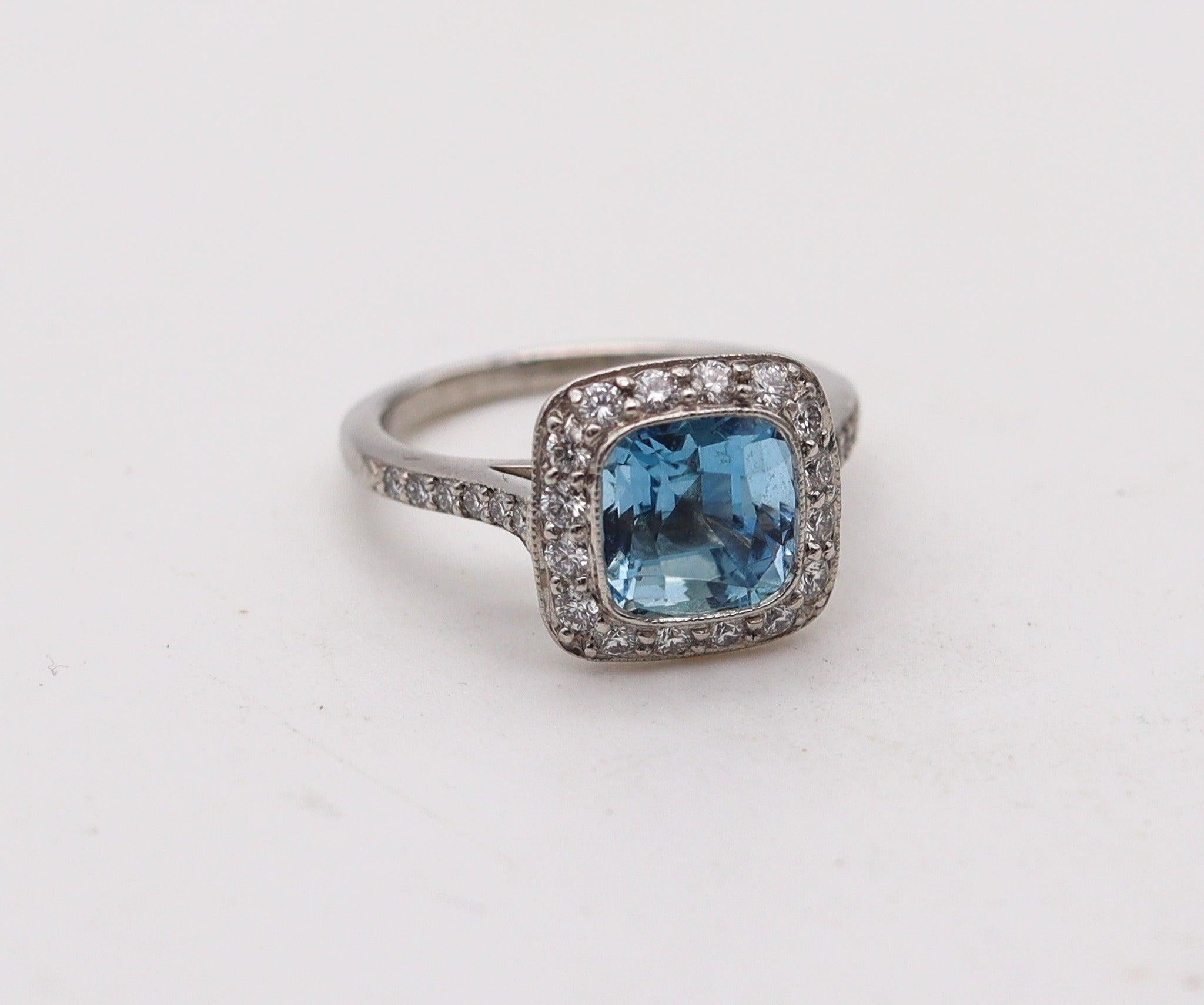 Cushion Cut TIFFANY & CO. Classic Cocktail Ring Platinum With 2.70 Ctw Aquamarine & Diamonds For Sale