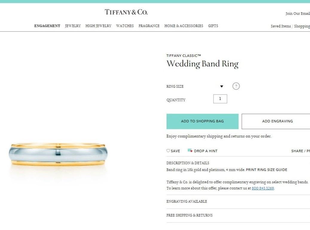 TIFFANY & Co. Classic Platinum 18K Yellow Gold 4mm Lucida Wedding Band Ring 5.5 For Sale 3