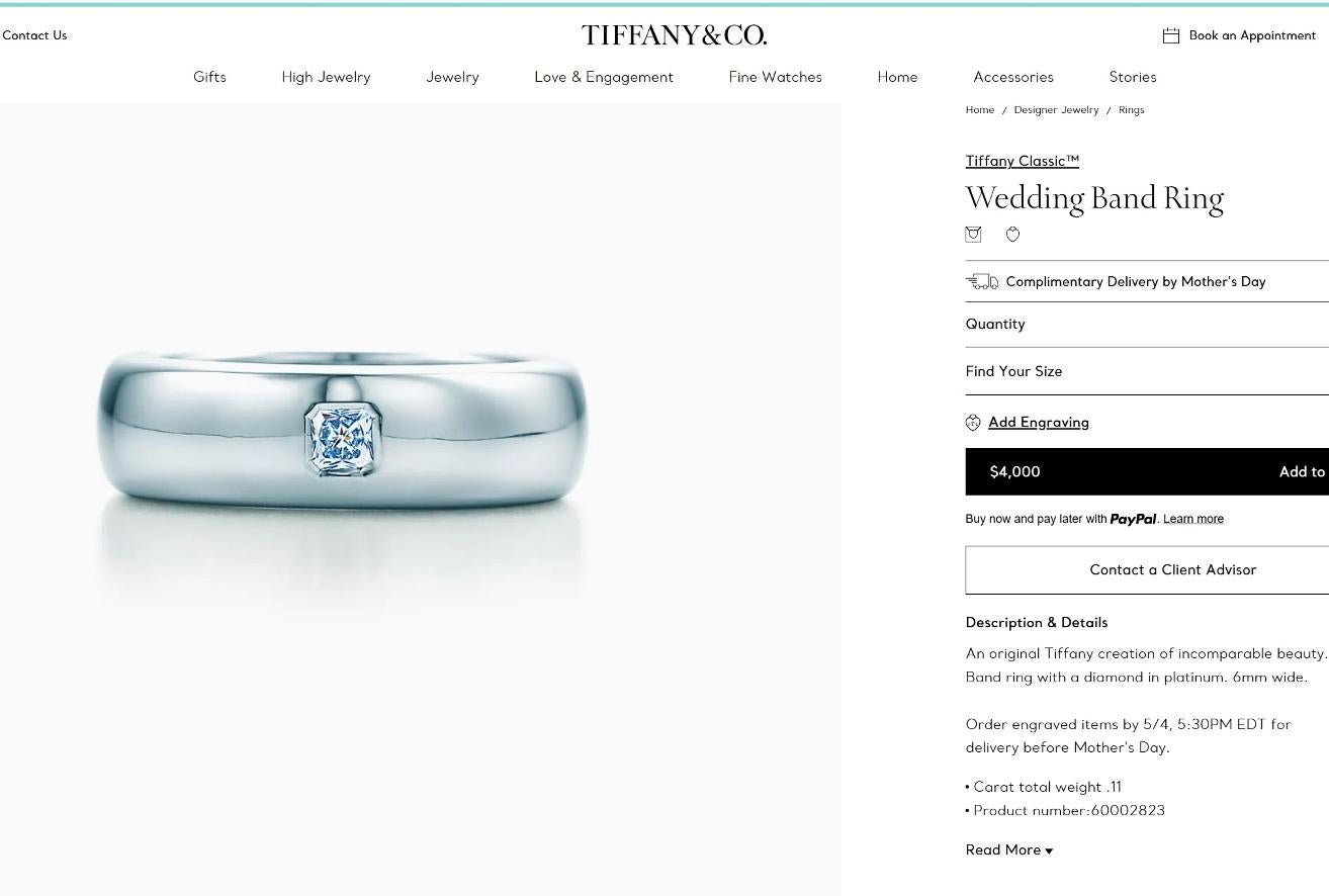 TIFFANY & Co. Classic Platinum Lucida Diamond 6mm Wedding Band Ring 9 3