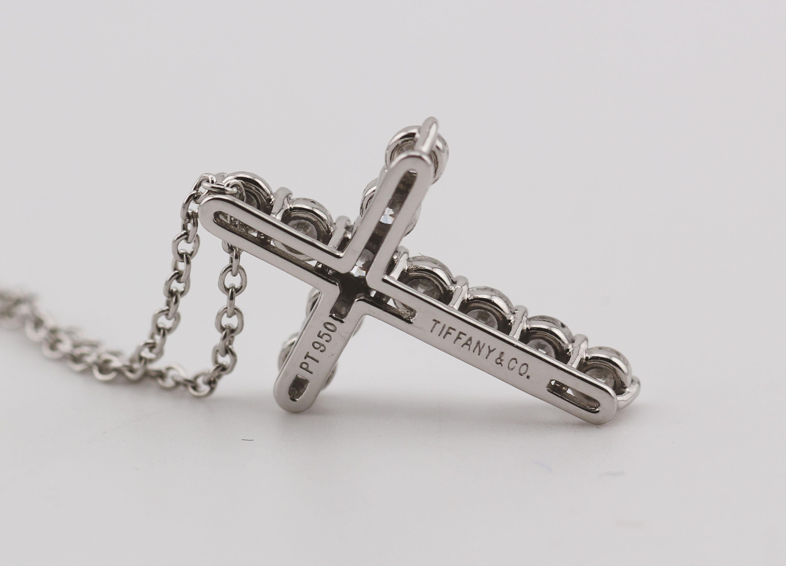 Brilliant Cut Tiffany & Co. Classic Small Diamond Platinum Cross Pendant Necklace For Sale