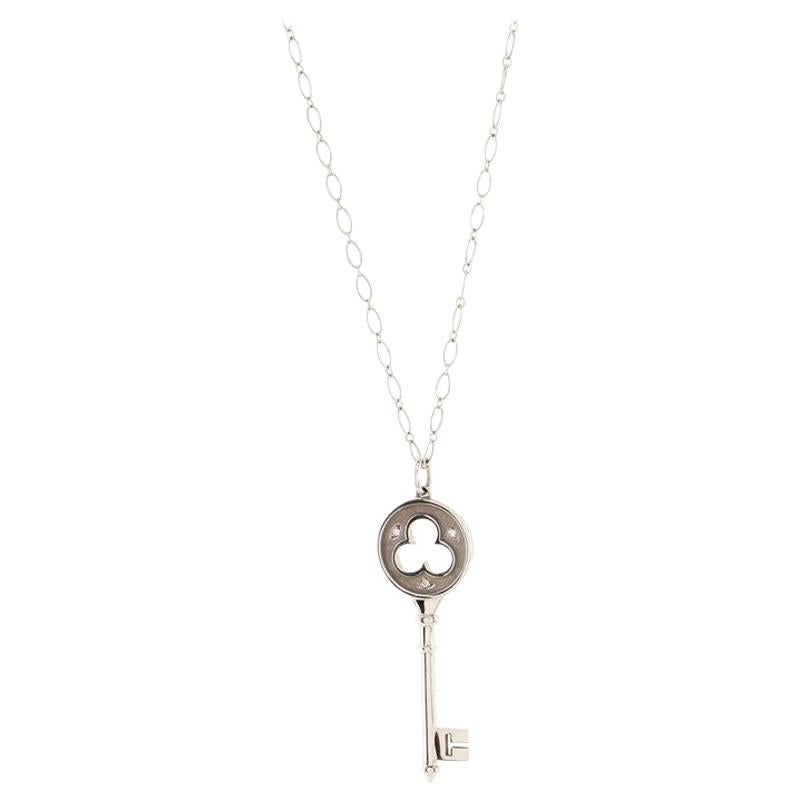 Tiffany & Co. Clover Key Pendant Necklace 18k White Gold with Diamonds