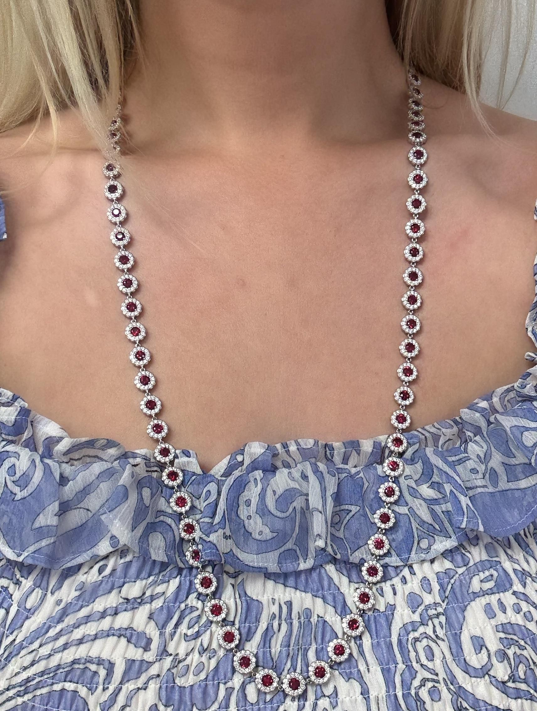 This gorgeous diamond necklace by Tiffany & Co., in their Cobblestone Collection, boasts 75 round brilliant cut and bright rubies weighing 18.75 carats and numerous diamonds weighing 18.00 carats total. Mounted in platinum and beautifully crafted,