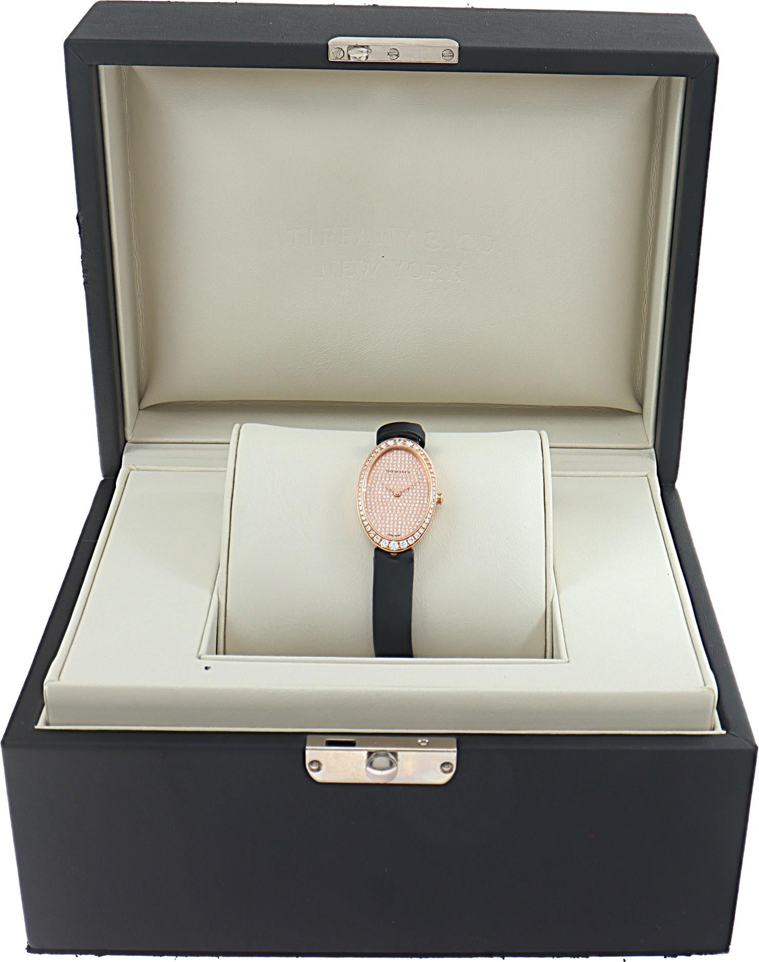 Tiffany & Co. Orologio Cocktail a 2 mani con pavé di diamanti in oro rosa in vendita 4
