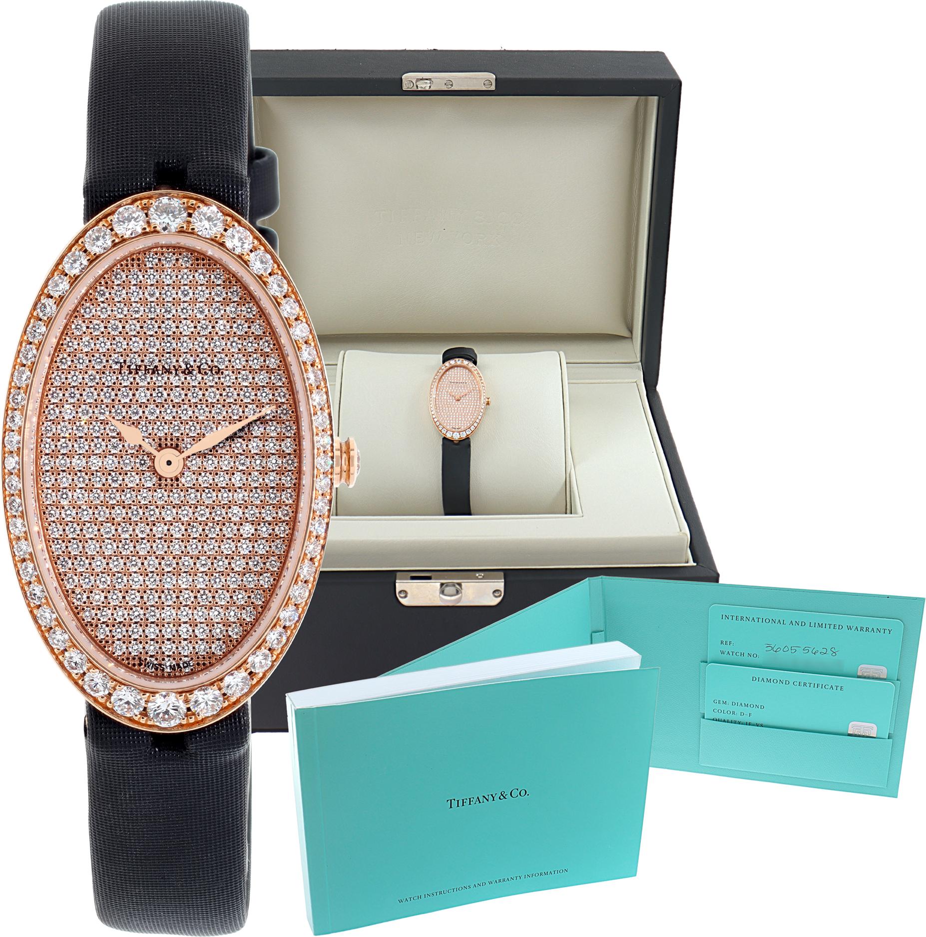 Tiffany & Co. Orologio Cocktail a 2 mani con pavé di diamanti in oro rosa in vendita 5