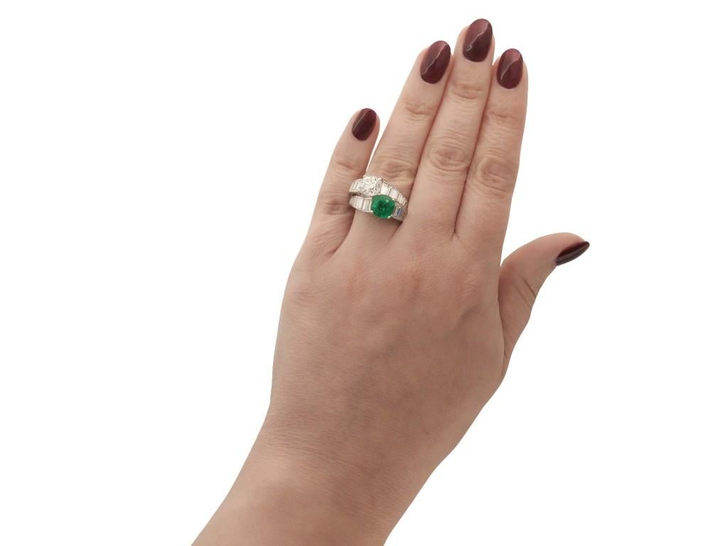 Antique Cushion Cut Tiffany & Co. Colombian Emerald and Diamond Crossover Ring, American, circa 1930 For Sale