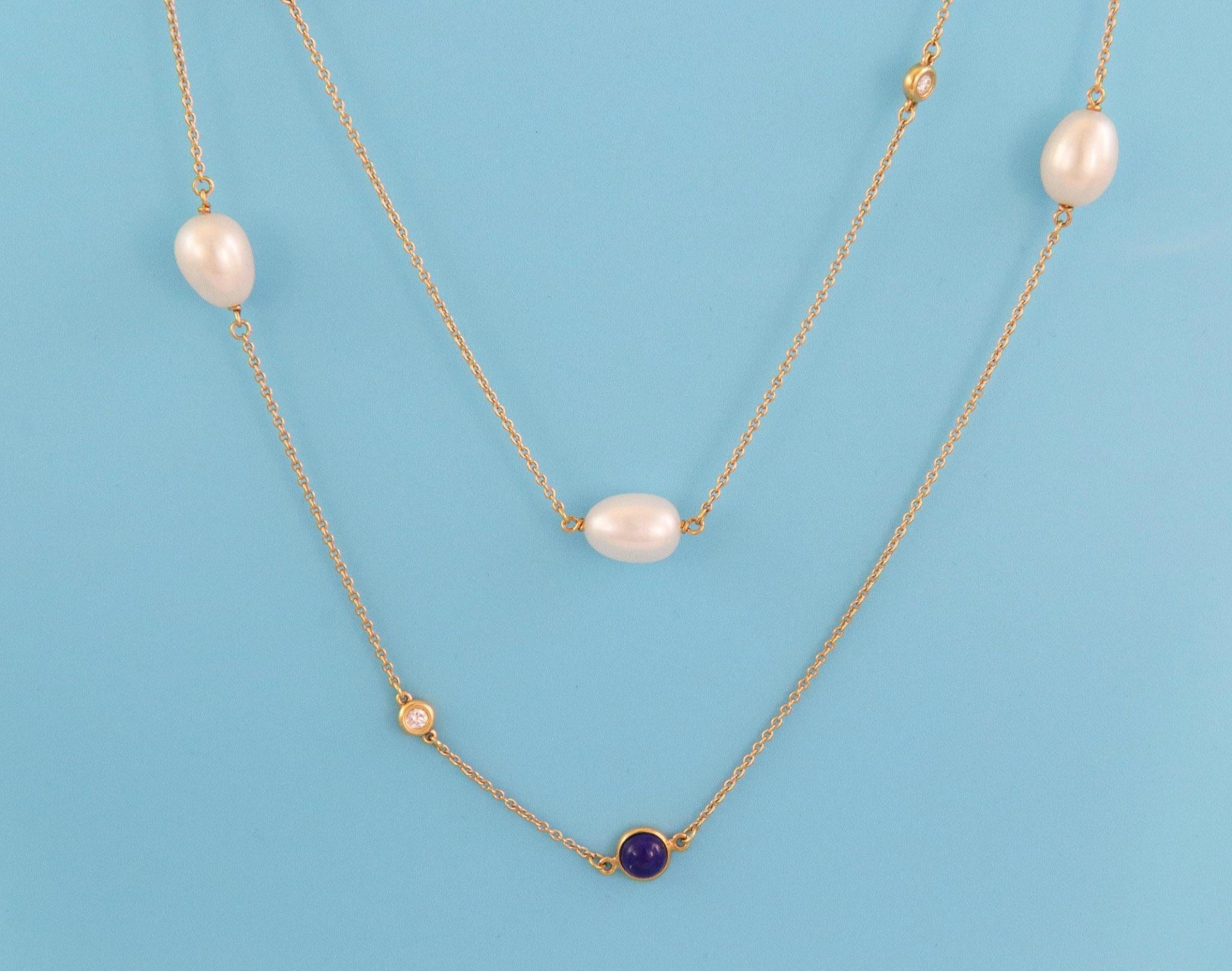 Modern Tiffany & Co. Color by the Yard Lapis Diamond Pearls 18k Yellow Gold Necklace