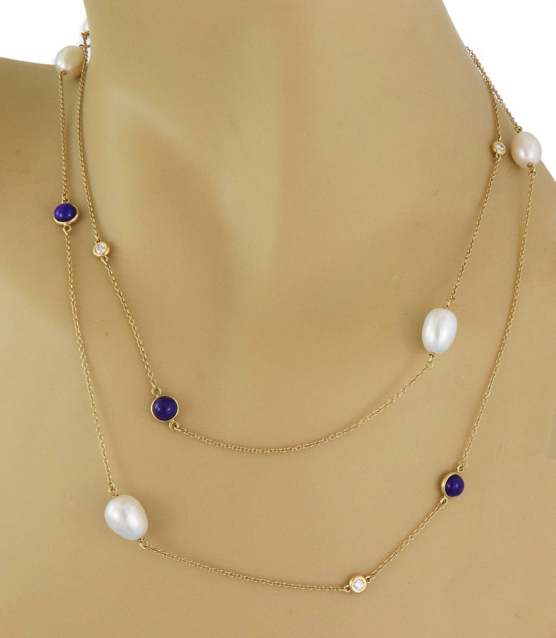 Brilliant Cut Tiffany & Co. Color by the Yard Lapis Diamond Pearls 18k Yellow Gold Necklace