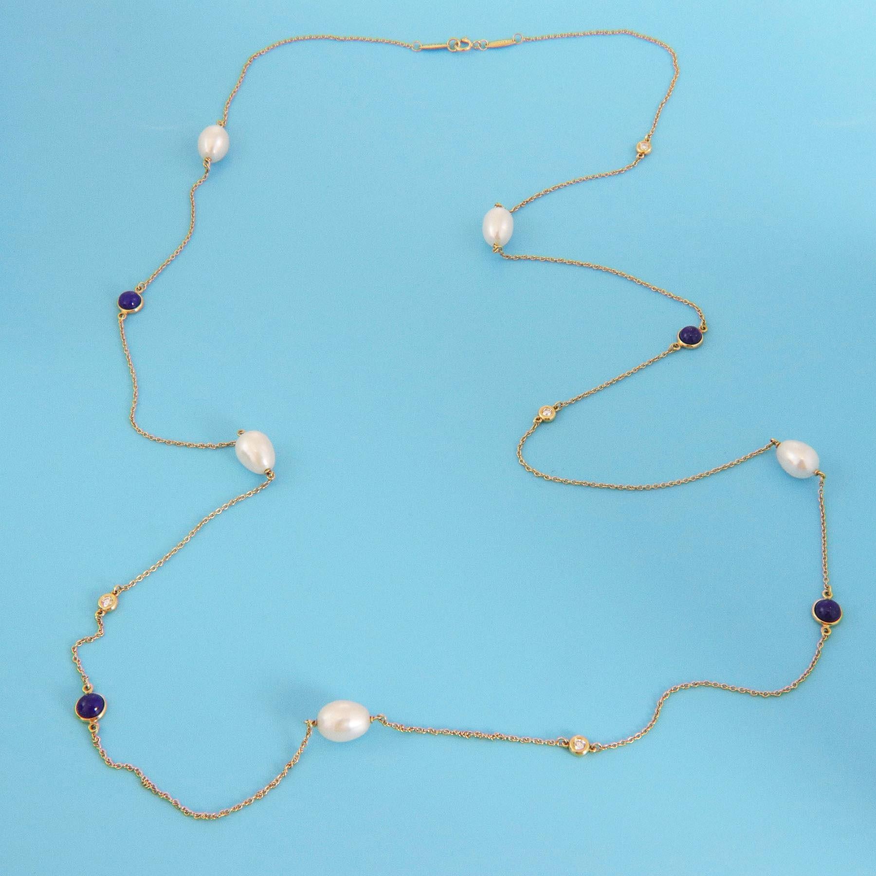Women's Tiffany & Co. Color by the Yard Lapis Diamond Pearls 18k Yellow Gold Necklace