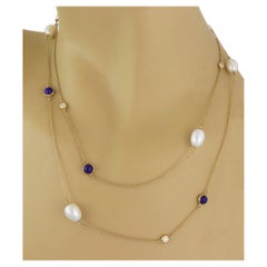 Tiffany & Co. Color by the Yard Lapis Diamond Pearls 18k Yellow Gold Necklace