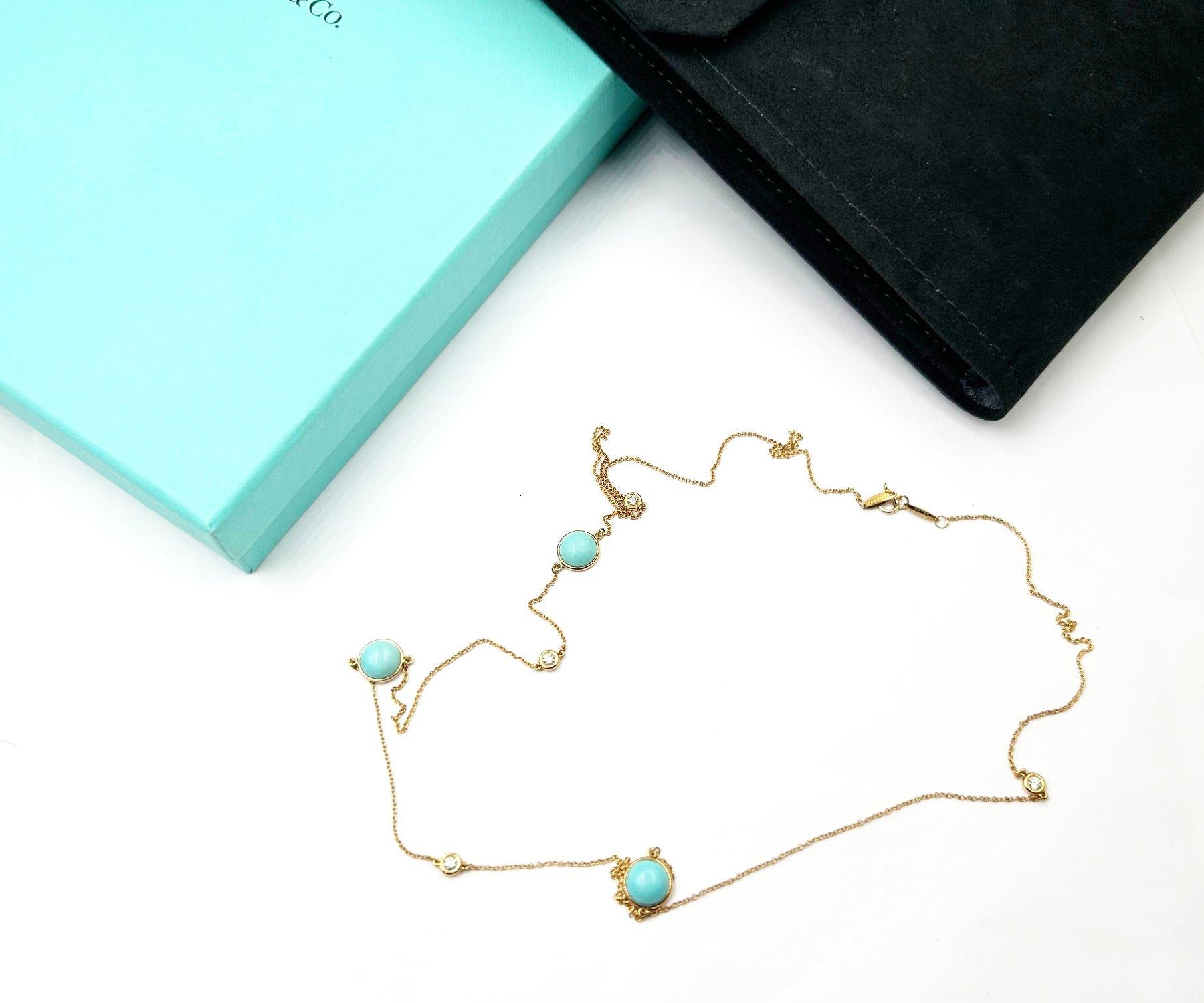 Tiffany &Co Color by the Yard Sprinkle Turquoise Diamond 750 Solid Gold Long Necklace 

*Marked Tiffany &Co, Peretti and AU750
*Comes with the original box and folder
*The current price in Tiffany is $9200.
*Made in Spain

-It is approximately
