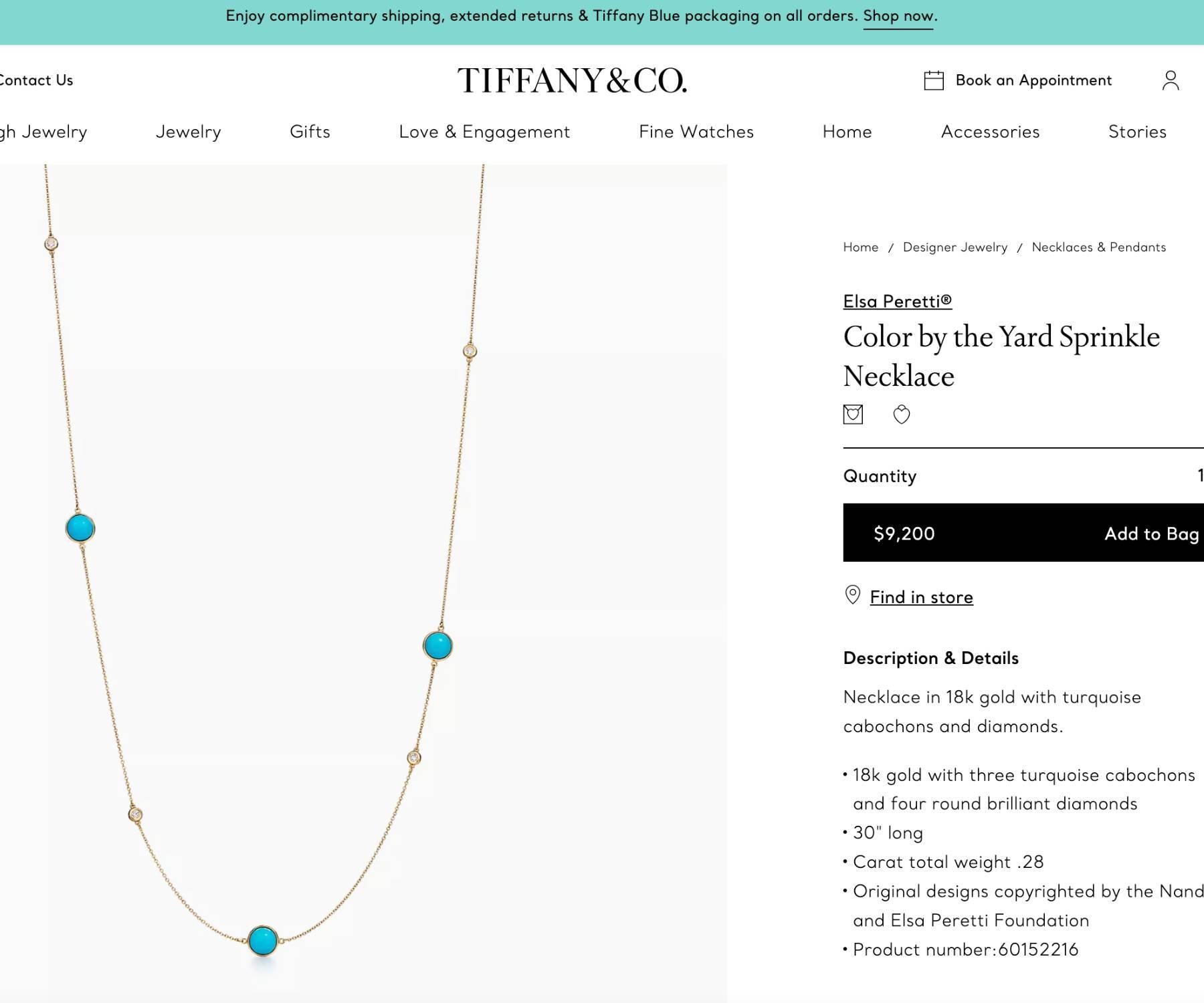 Women's Tiffany &Co Color by the Yard Sprinkle Turquoise Diamond 750 Solid Gold Necklace For Sale