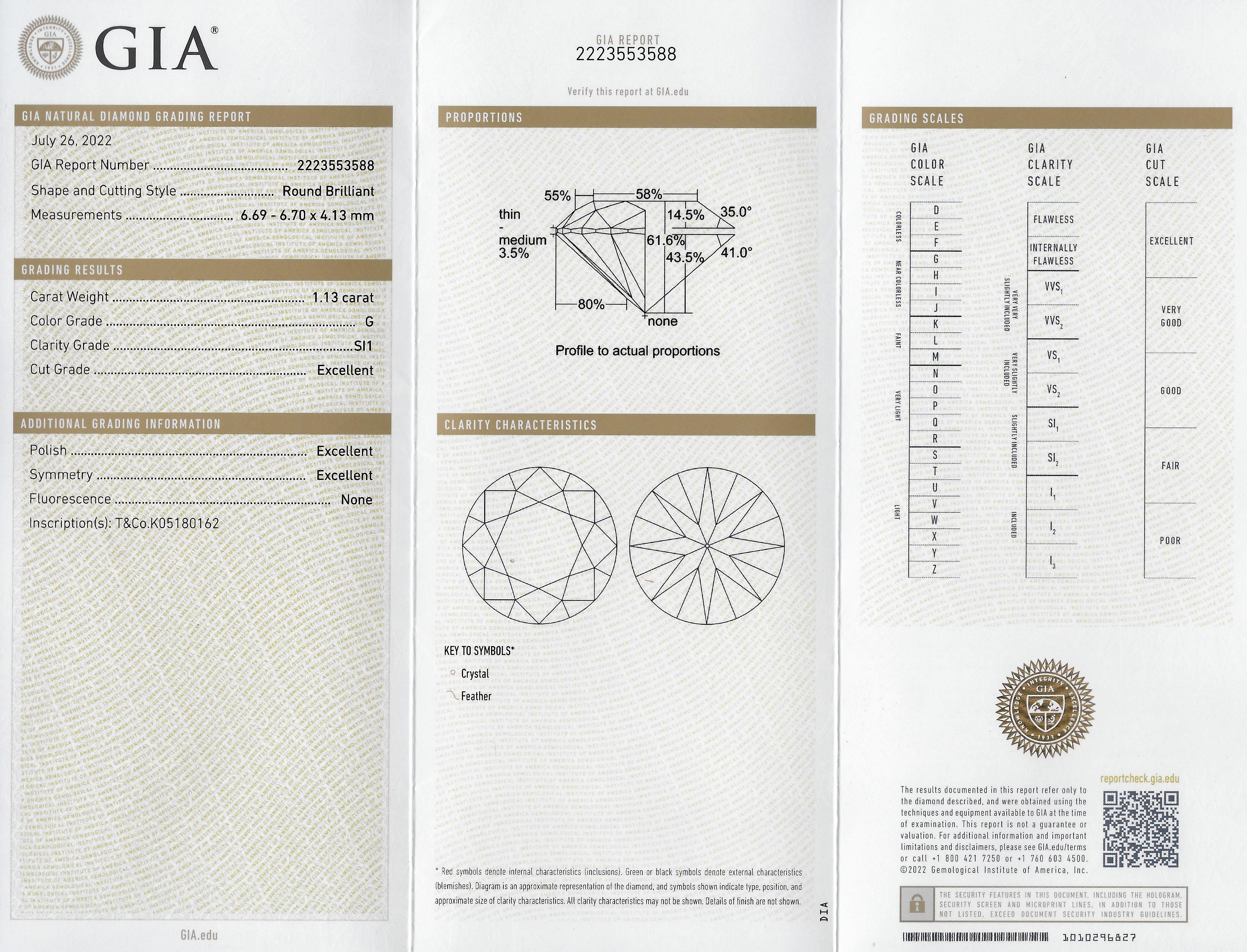 Tiffany & Co. Zeitgenössischer Solitär-Verlobungsring aus Platin mit 1,13 Karat Diamant im Angebot 7