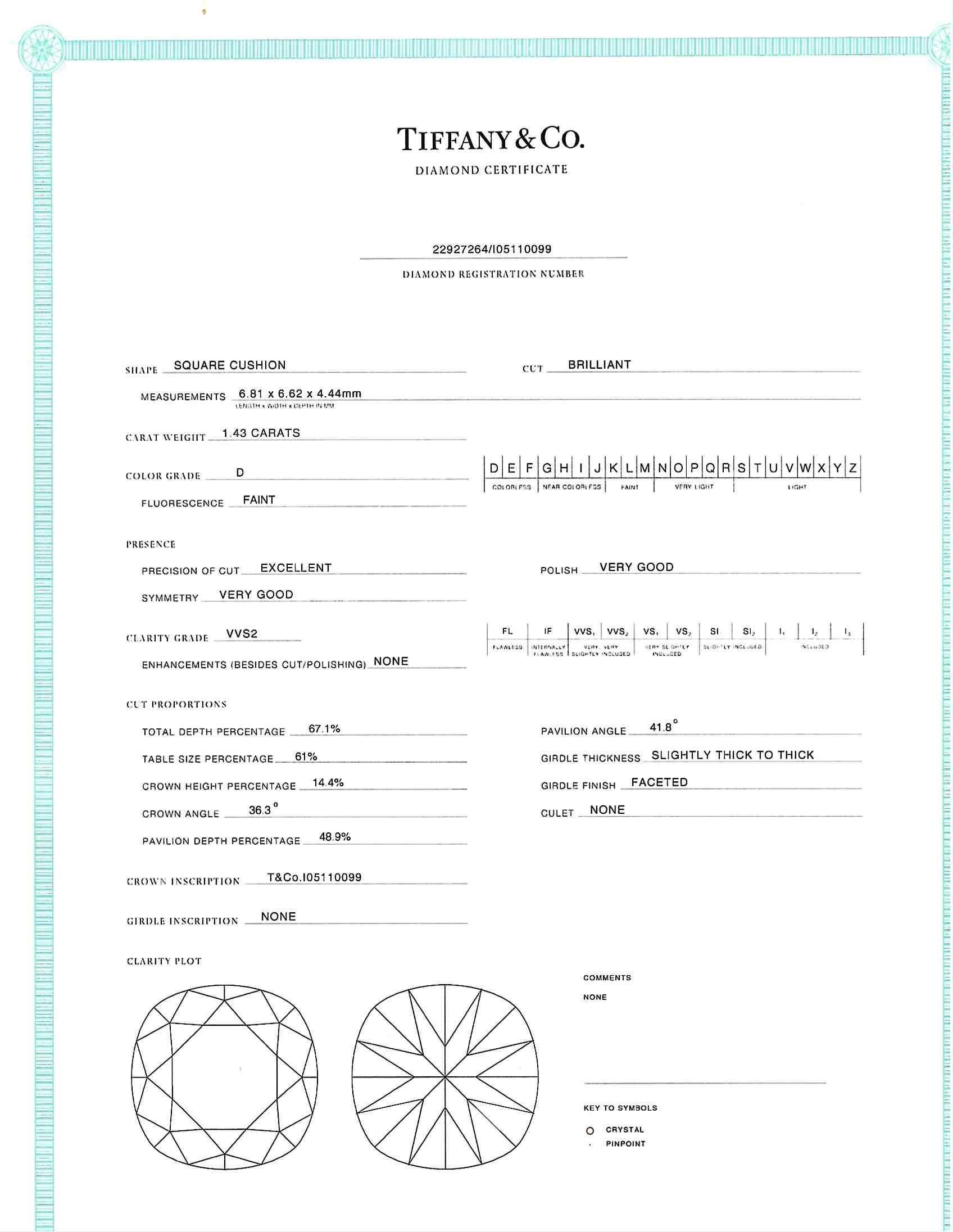 Tiffany & Co. Anello di fidanzamento contemporaneo in platino con diamante a cuscino da 1,59 CTW in vendita 11