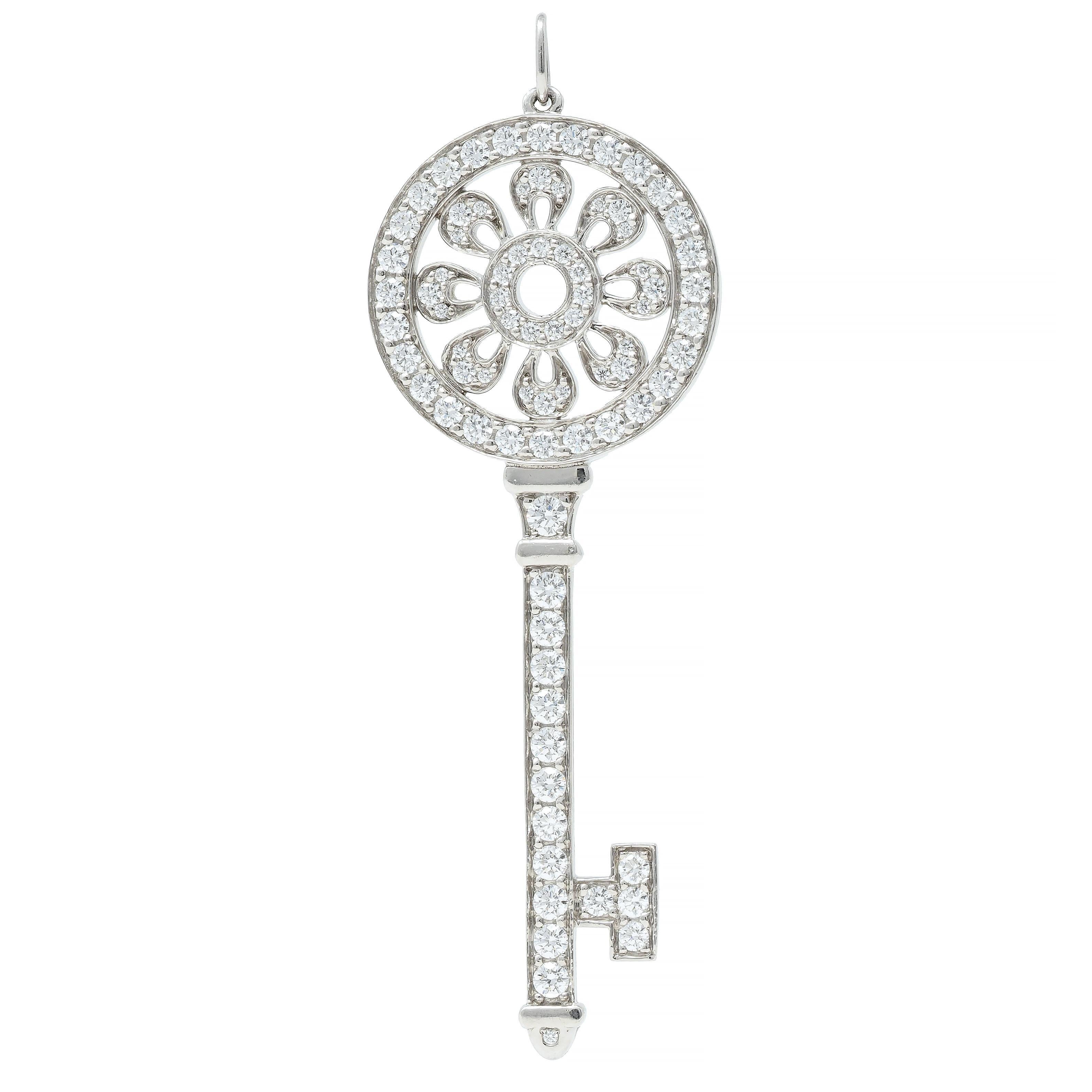 Women's Tiffany & Co. Contemporary 1.76 CTW Diamond Platinum Petals Key Pendant For Sale